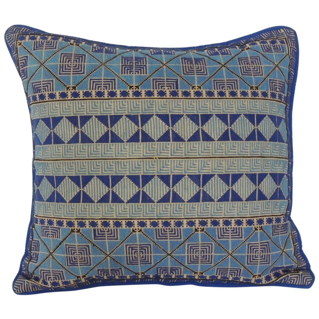 Petite Greek Isle Style Blue and Natural Embroidered Decorative Pillow