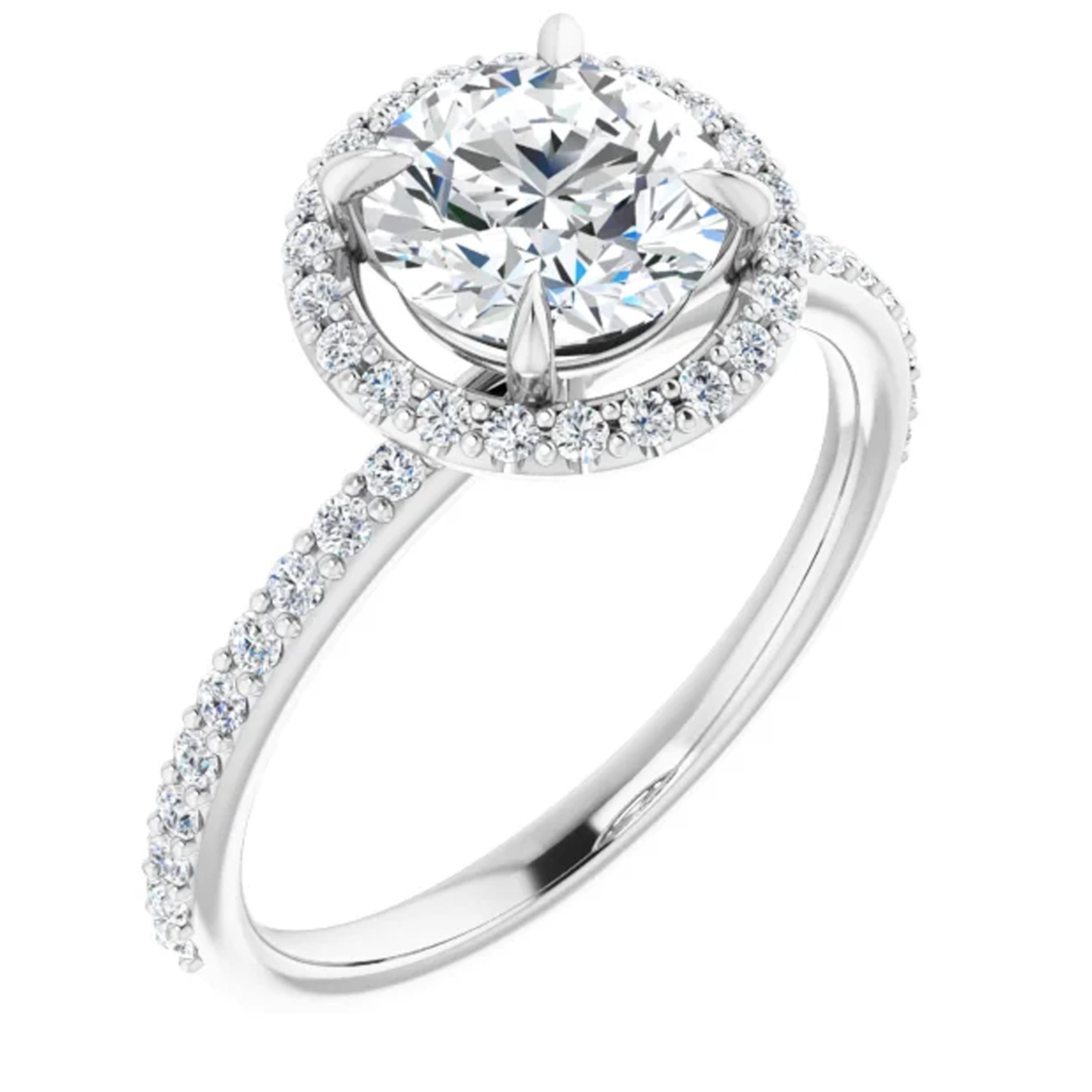 Petite yet chic, this adorable engagement ring is surrounded by a halo of shimmering white diamonds encircling the GIA certified center diamond. Additional diamonds line the 14k white gold accented shank. Seal the unique feeling you have, commit for