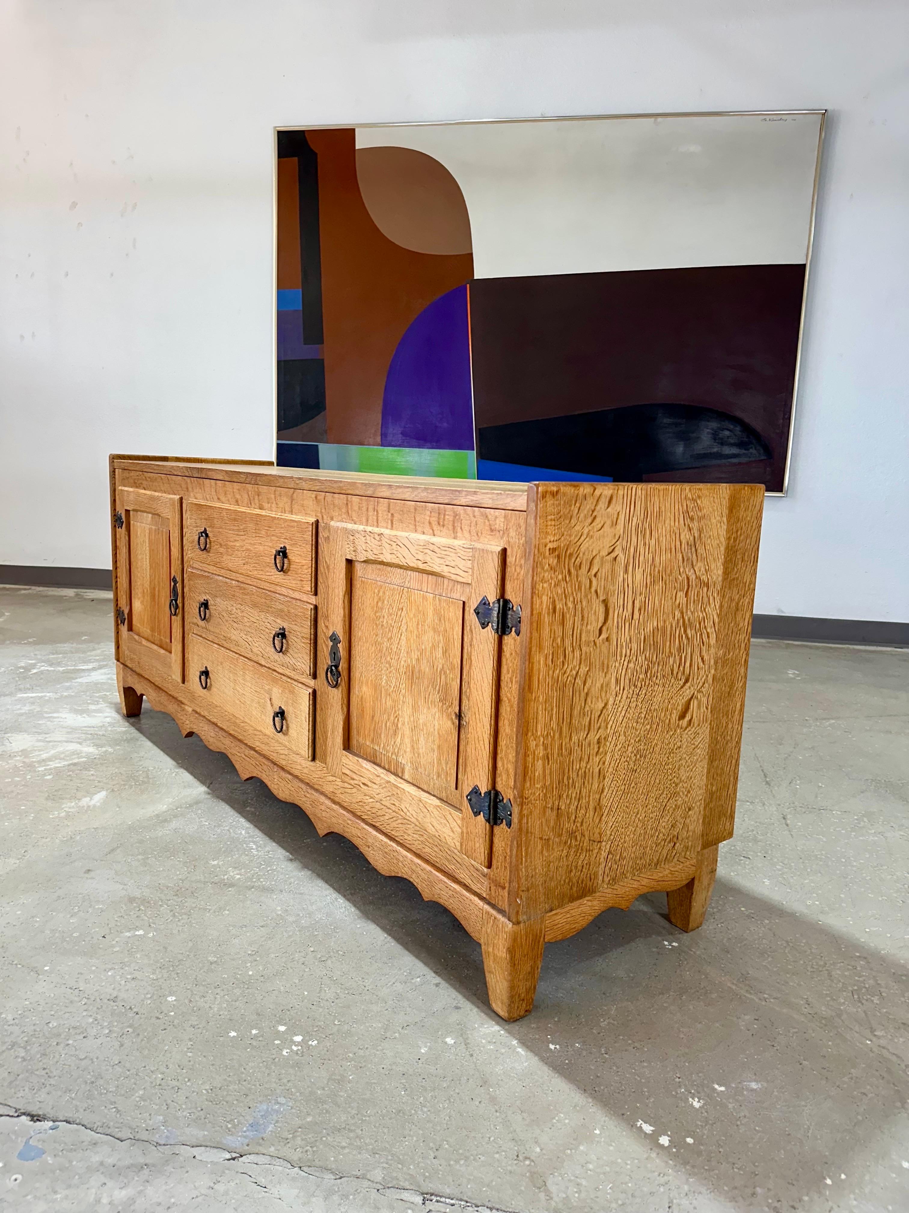 20th Century Petite Henning Kjaernulf attrb Mid Century Danish Oak Carved Brutalist Sideboard For Sale