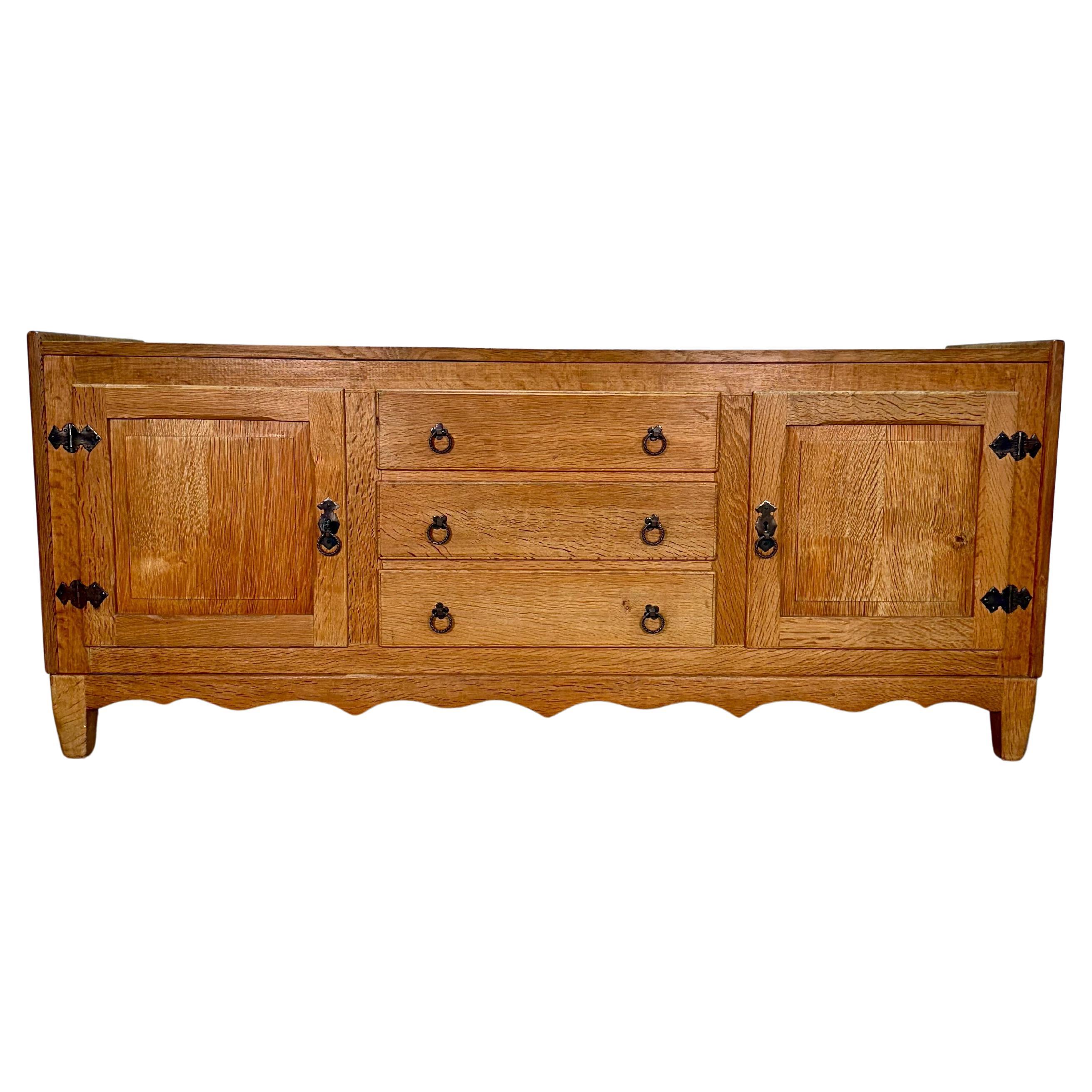 Petite Henning Kjaernulf attrb Mid Century Danish Oak Carved Brutalist Sideboard
