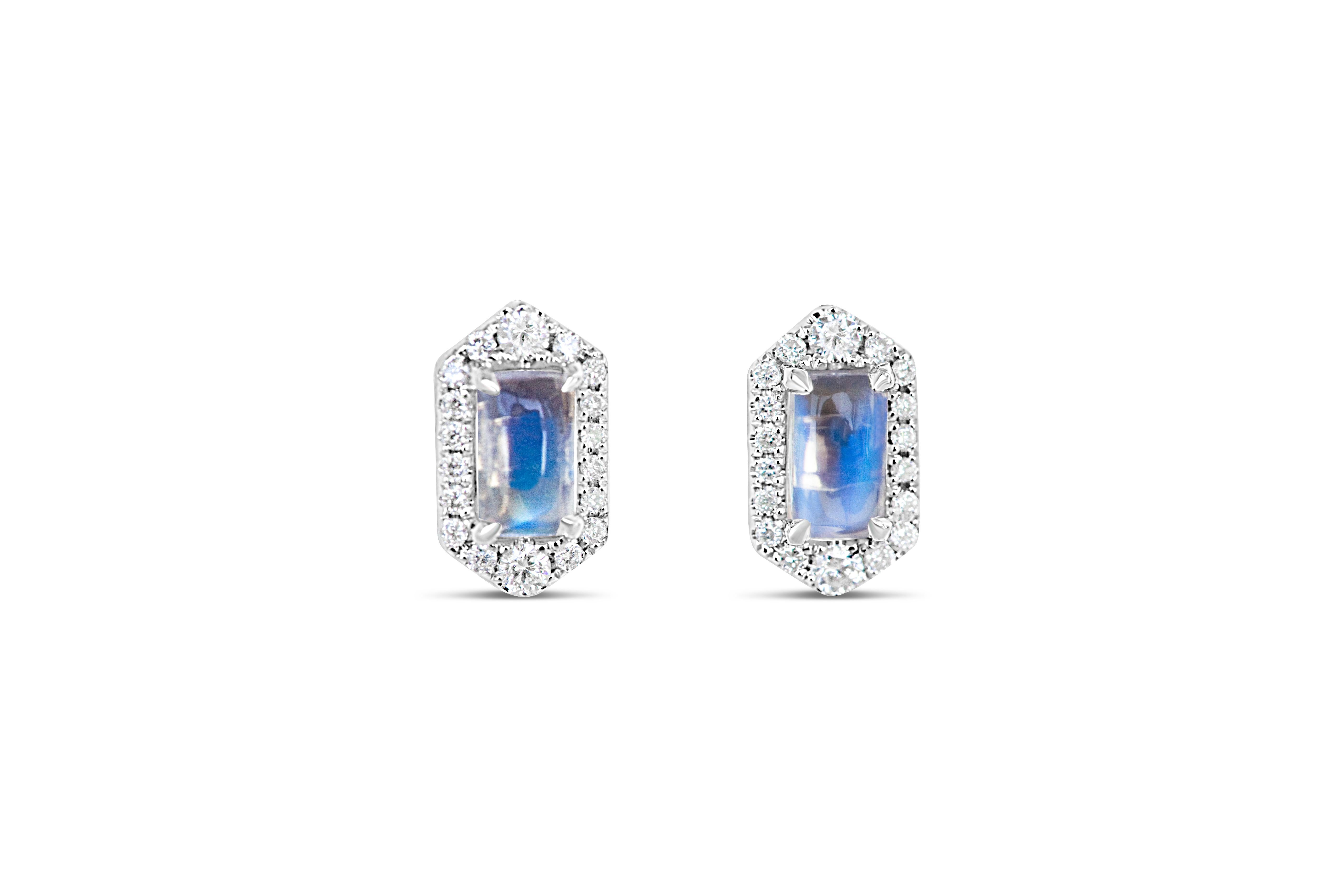 Women's or Men's Petite Hexagon Moonstone and Diamond Earrings