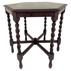 Petite Hexagonal Carved Oak Barley Twist Table, Scotland 1920, B654