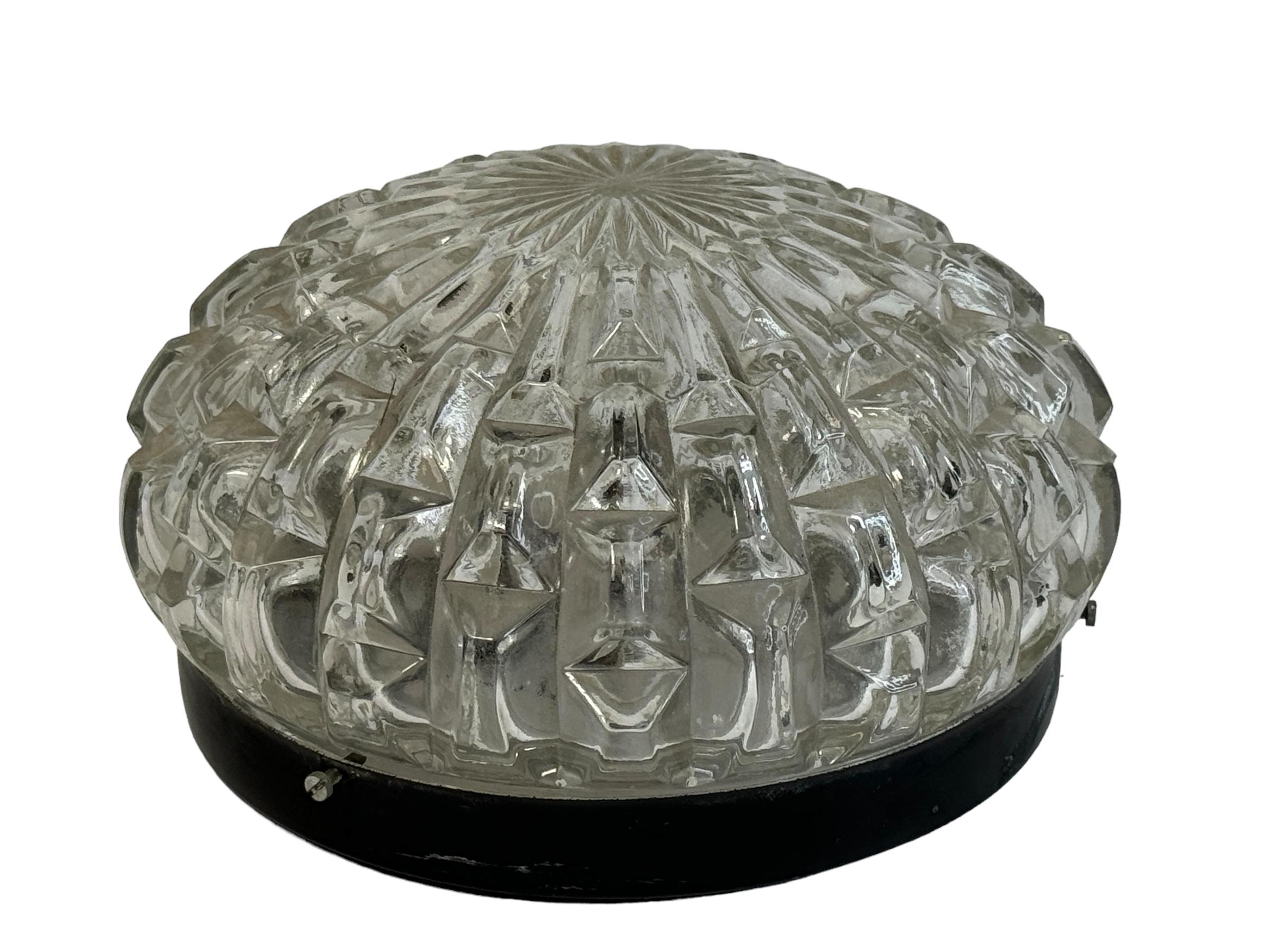 Metal Petite Ice Crystal Glass Flush Mount Vintage German, 1960s RZB Leuchten For Sale