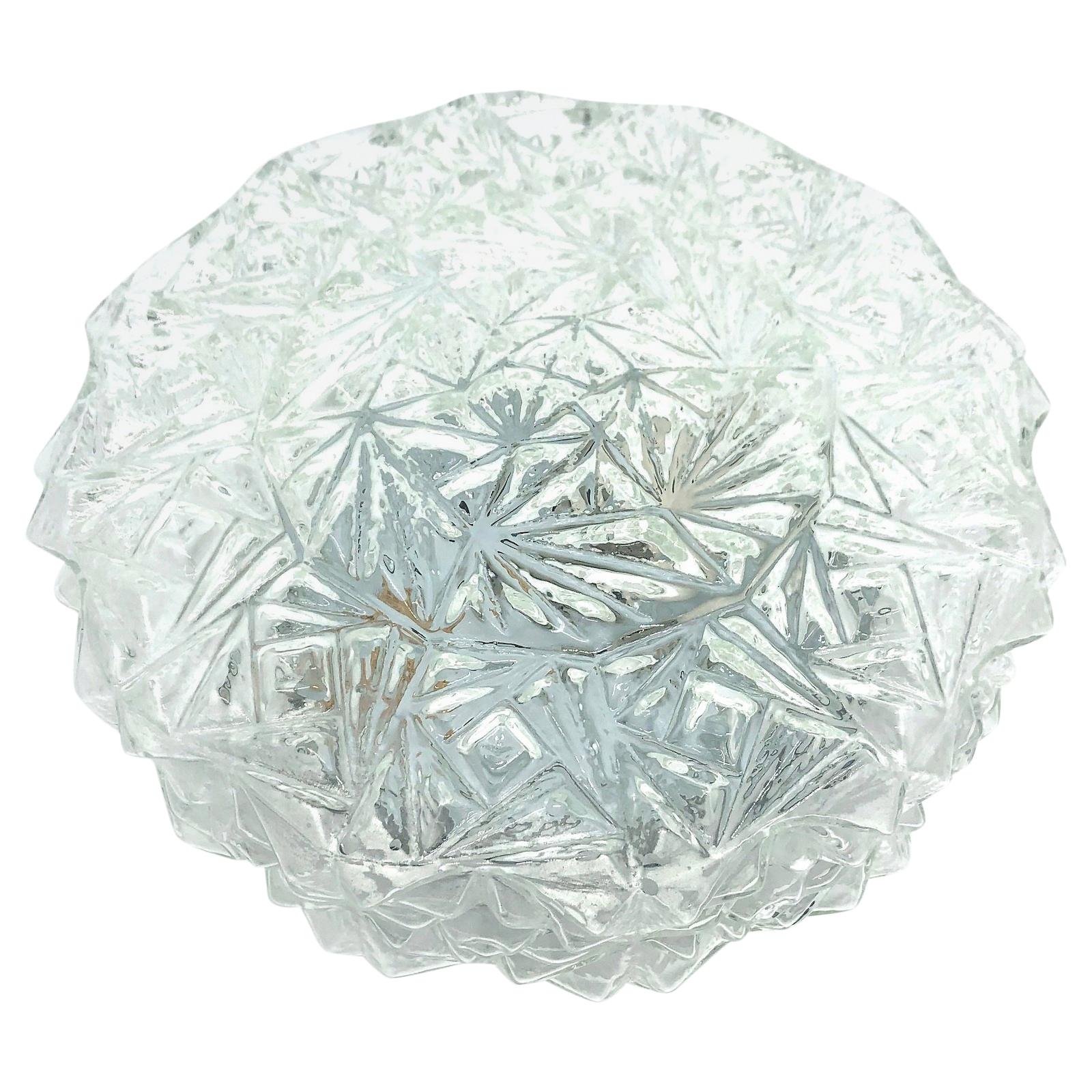 Petite Ice Crystal Pattern Glass Flush Mount Ceiling Light, Honsel Germany 1960s