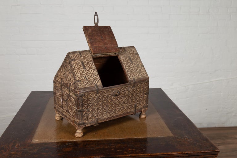 Petite Indian 19th Century House-Shaped Money Box with Carved Geometric Décor For Sale at 1stdibs
