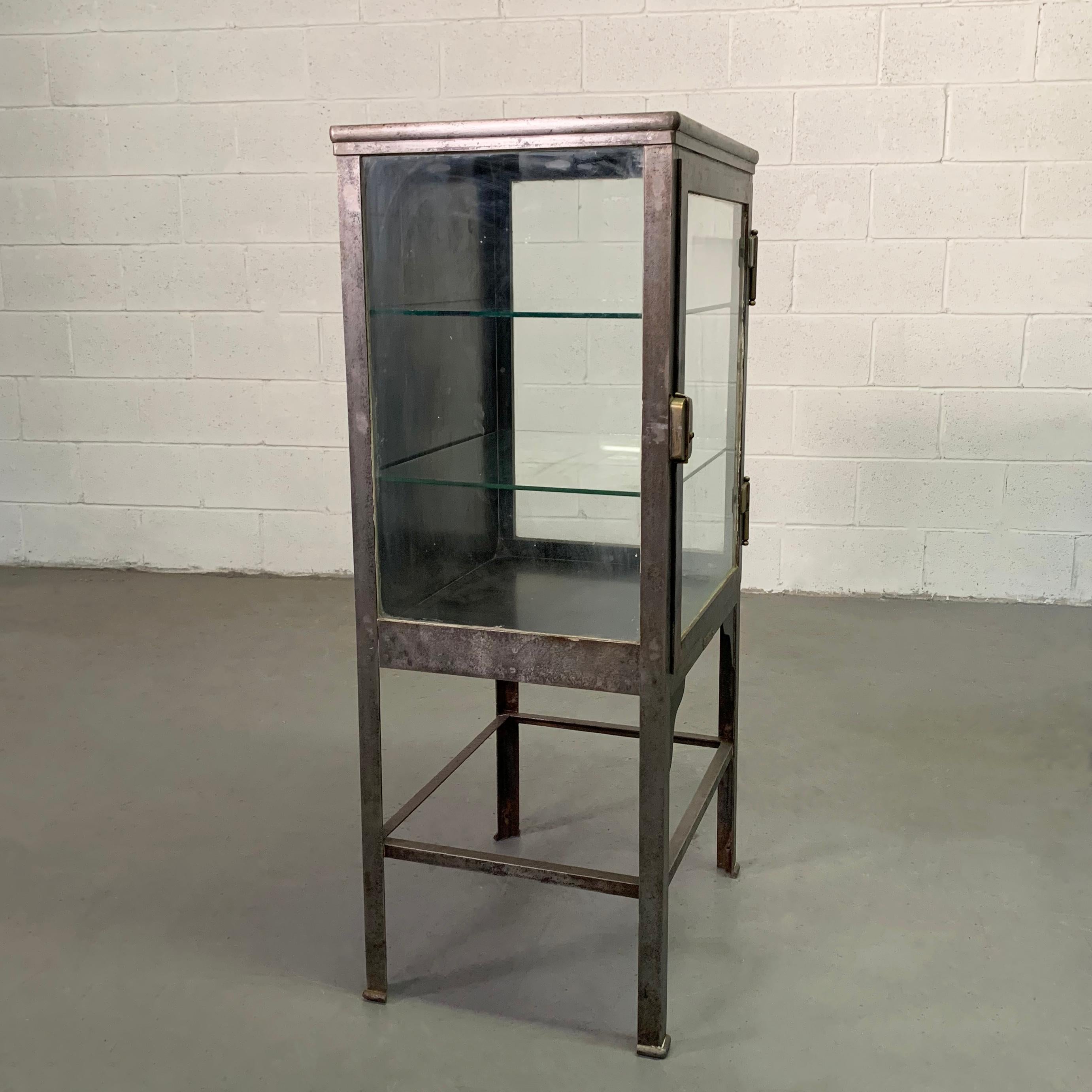 Petite Industrial Brushed Steel Apothecary Cabinet Display Case In Good Condition In Brooklyn, NY