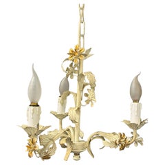 Petite Iron Three Light Shabby White Florentine Style Chandelier, Italy 1980's