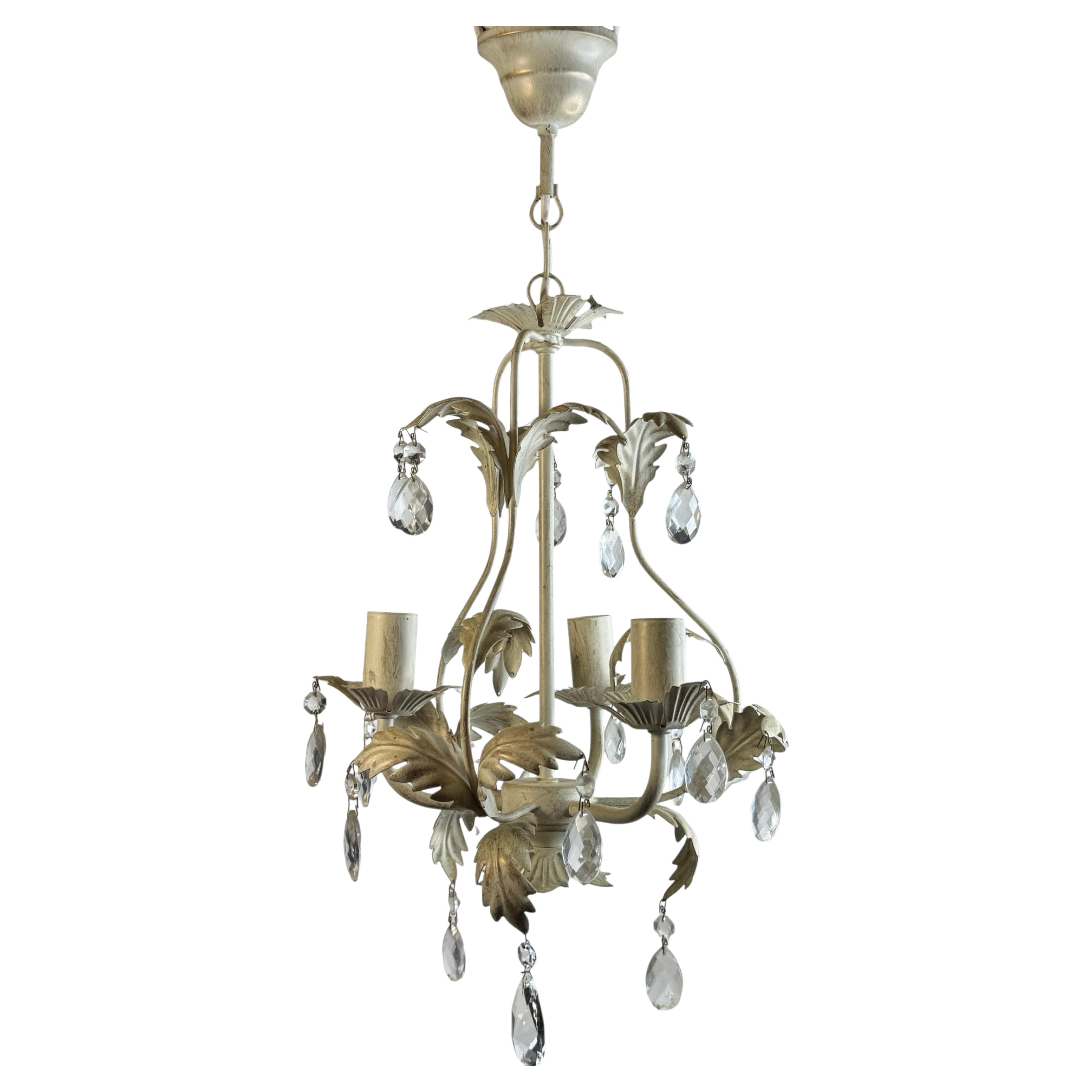 Petite Iron Three Light White Toleware Open Basket Ceiling Light, Italy 1960s For Sale