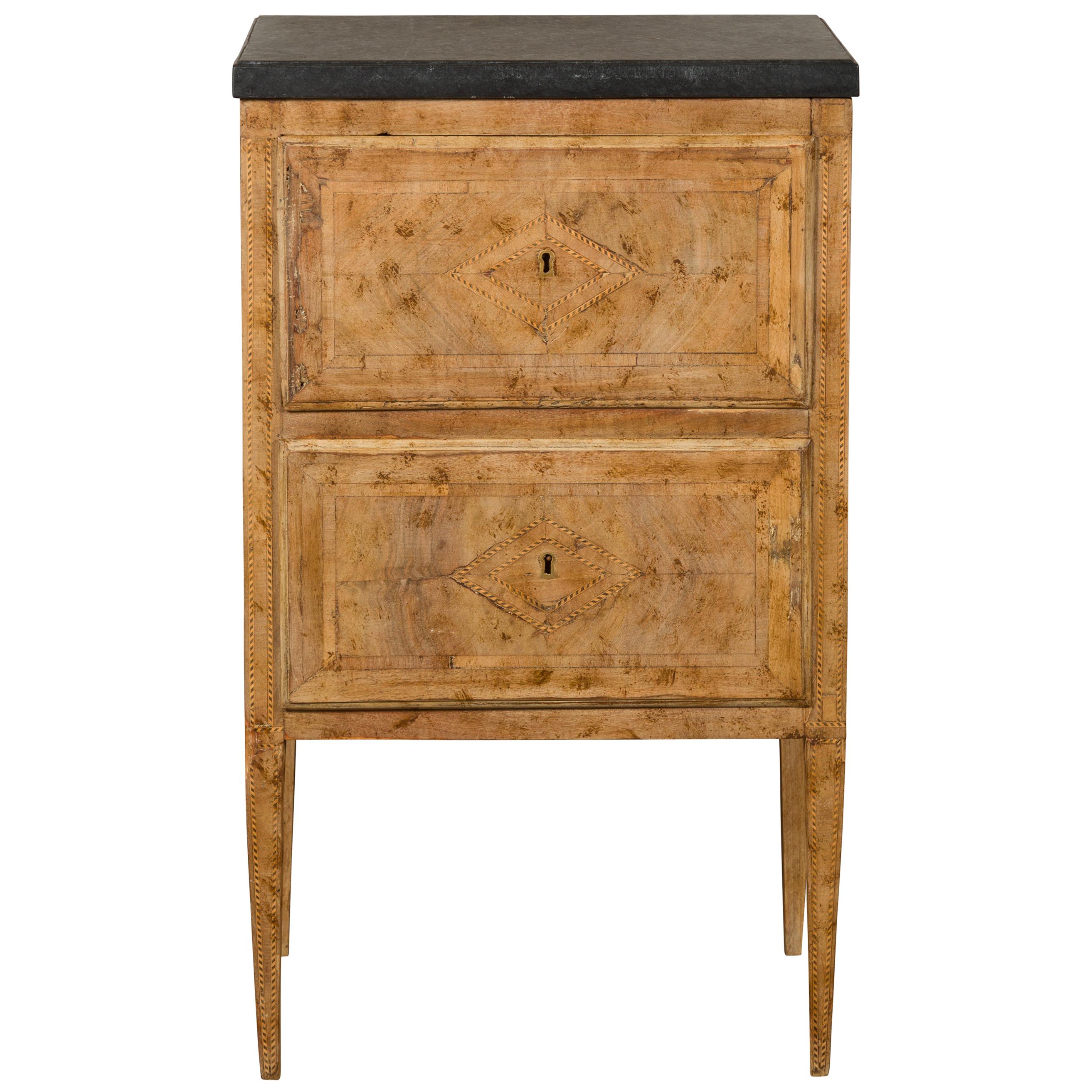 Petite Italian 1800s Neoclassical Period Bleached Burl Wood and Marble Commode