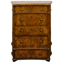 Antique Petite Italian 1820s Walnut Five-Drawer Commode with Butterfly Veneer