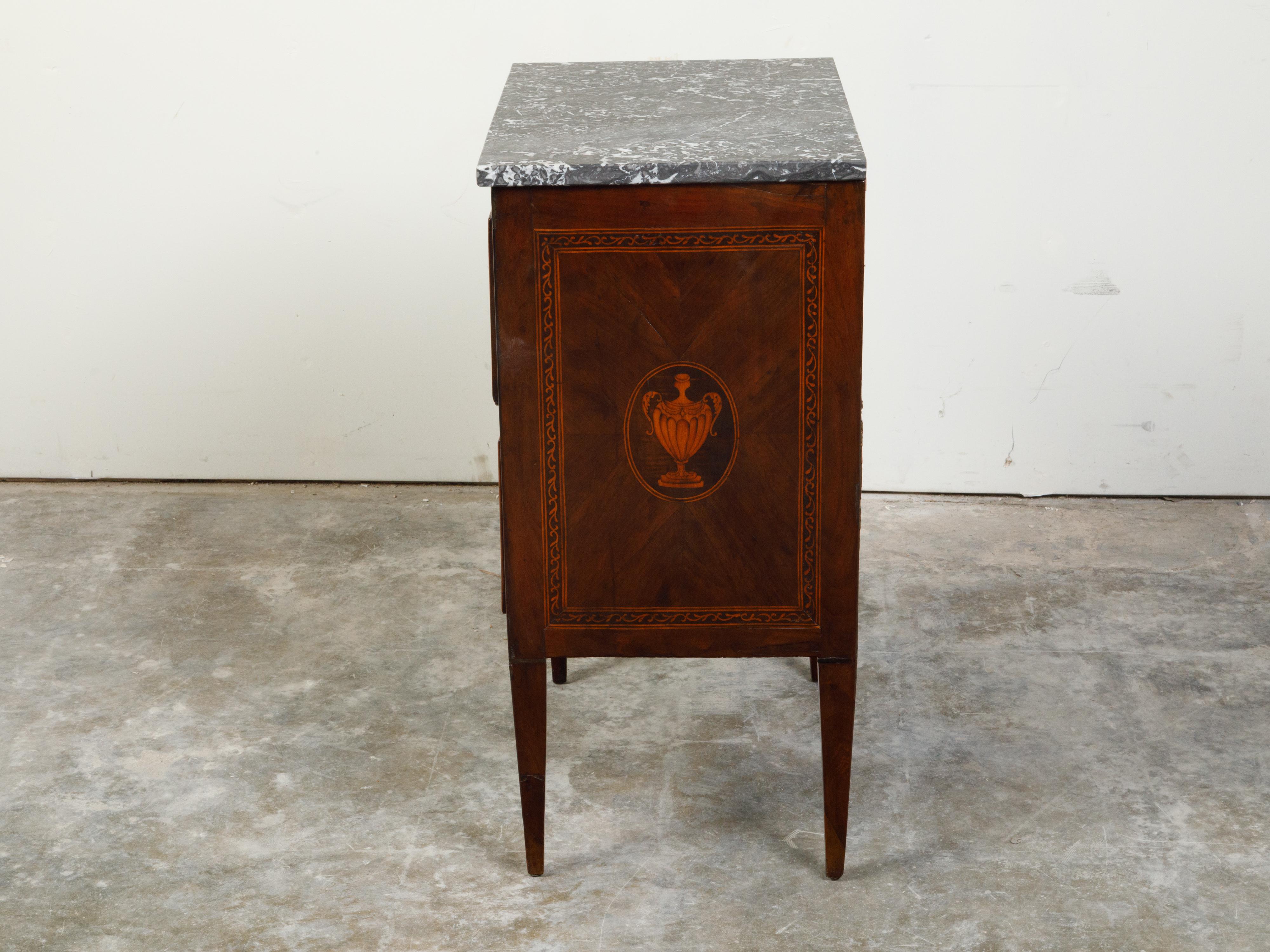 18th Century and Earlier Petite Italian 18th Century Neoclassical Commode with Marble Top and Marquetry For Sale