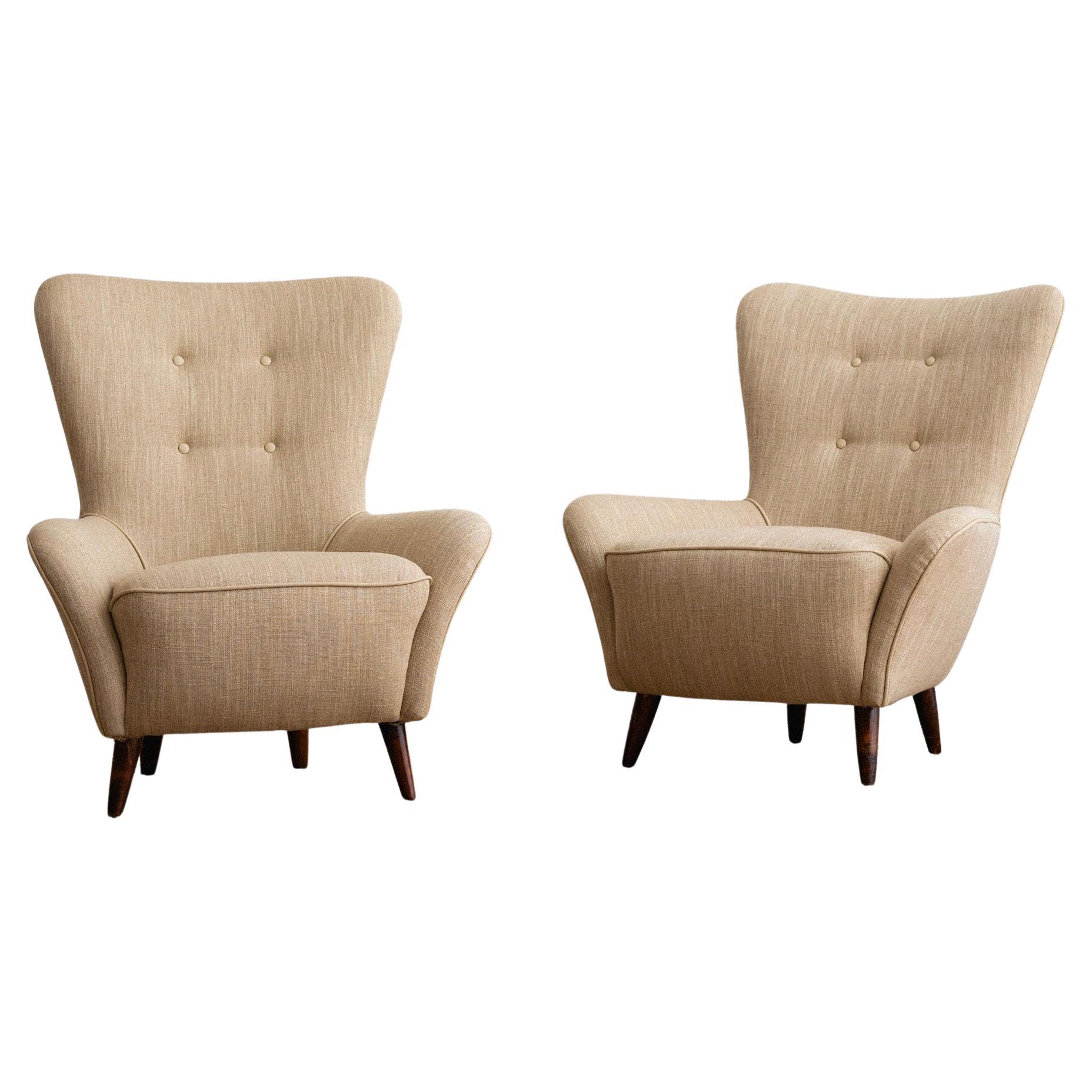 Petite Italian Armchairs in Linen and Leather - a Pair For Sale