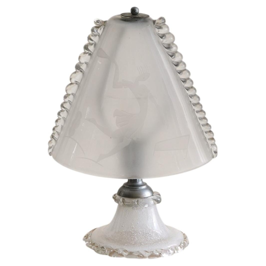 Petite Italian Art Deco Etched Murano Glass Lamp, 1940s