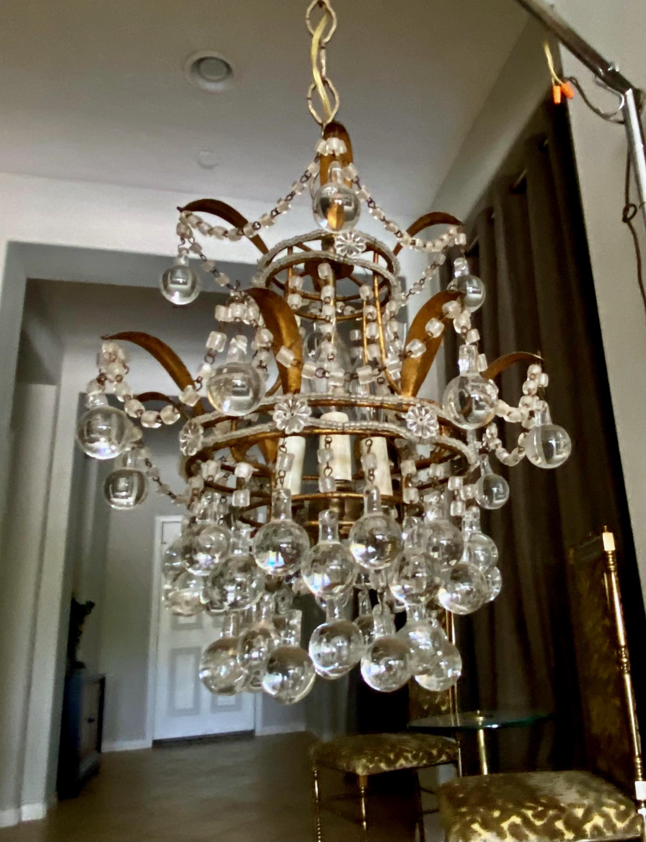 Petite Italian Beaded Murano Drops Tole Chandelier In Good Condition For Sale In Palm Springs, CA