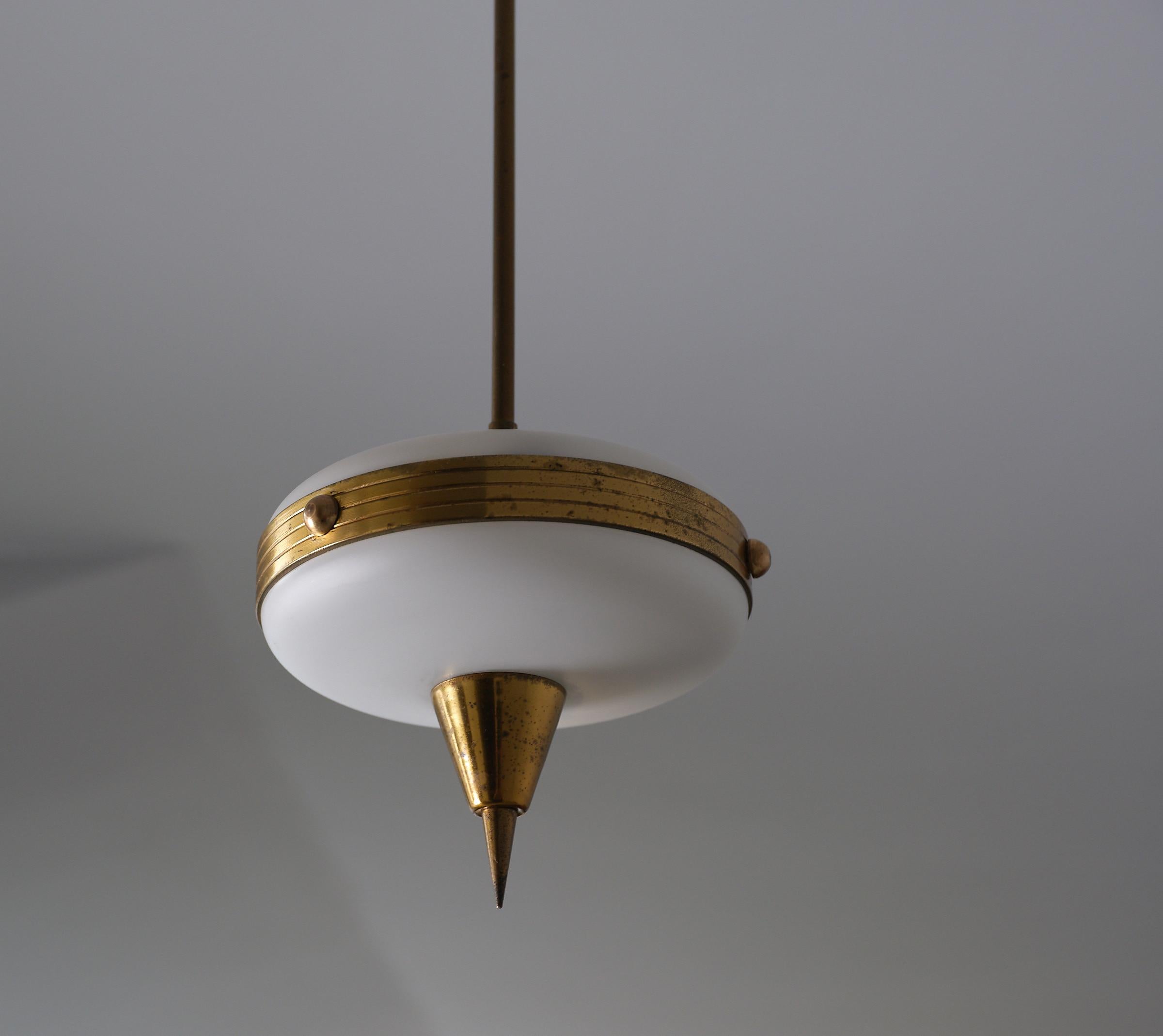 Mid-Century Modern Petite Italian Brass and Opaline Pendant Lamp – 1950s Modernist For Sale