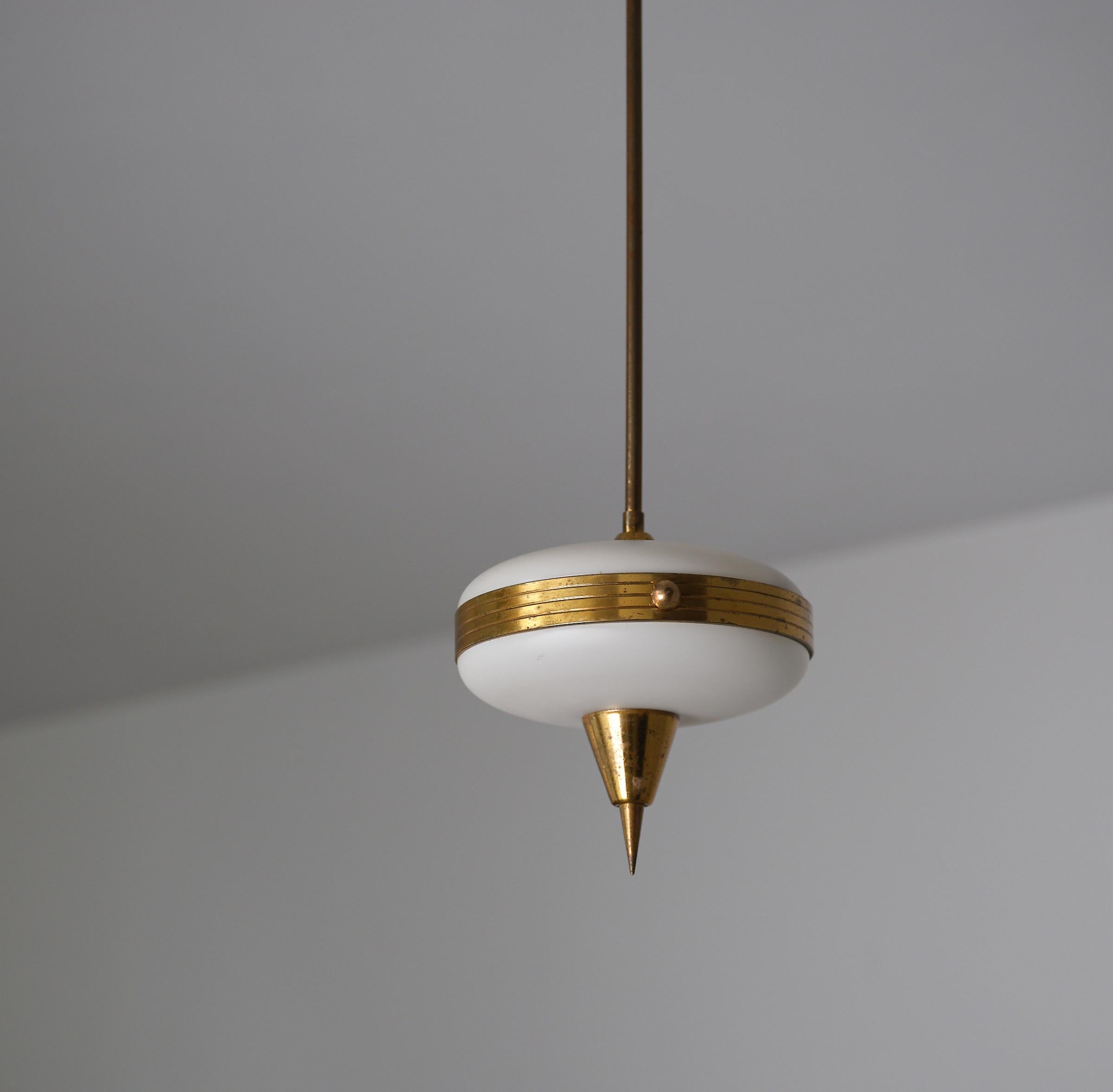 Mid-20th Century Petite Italian Brass and Opaline Pendant Lamp – 1950s Modernist For Sale