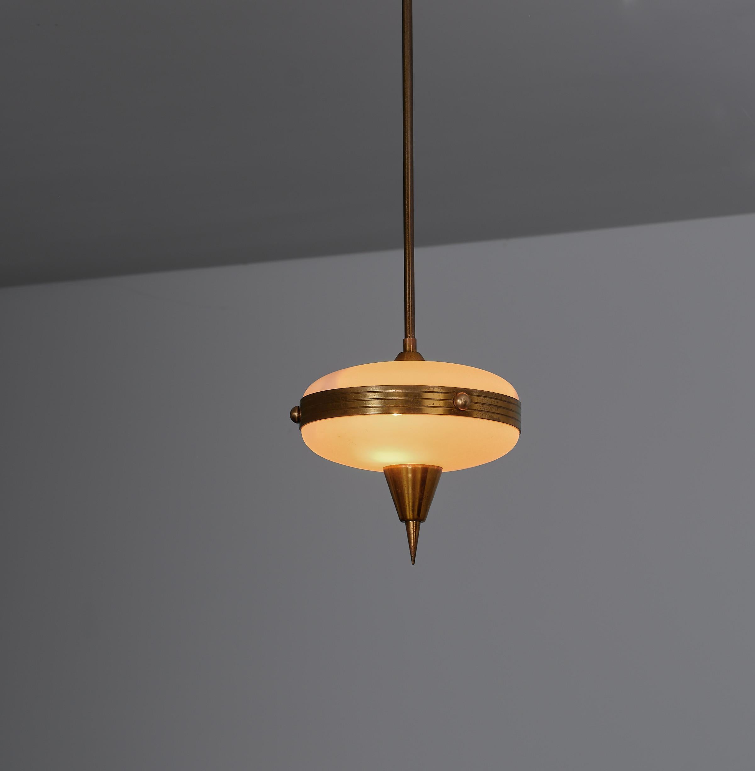 Petite Italian Brass and Opaline Pendant Lamp – 1950s Modernist For Sale 1