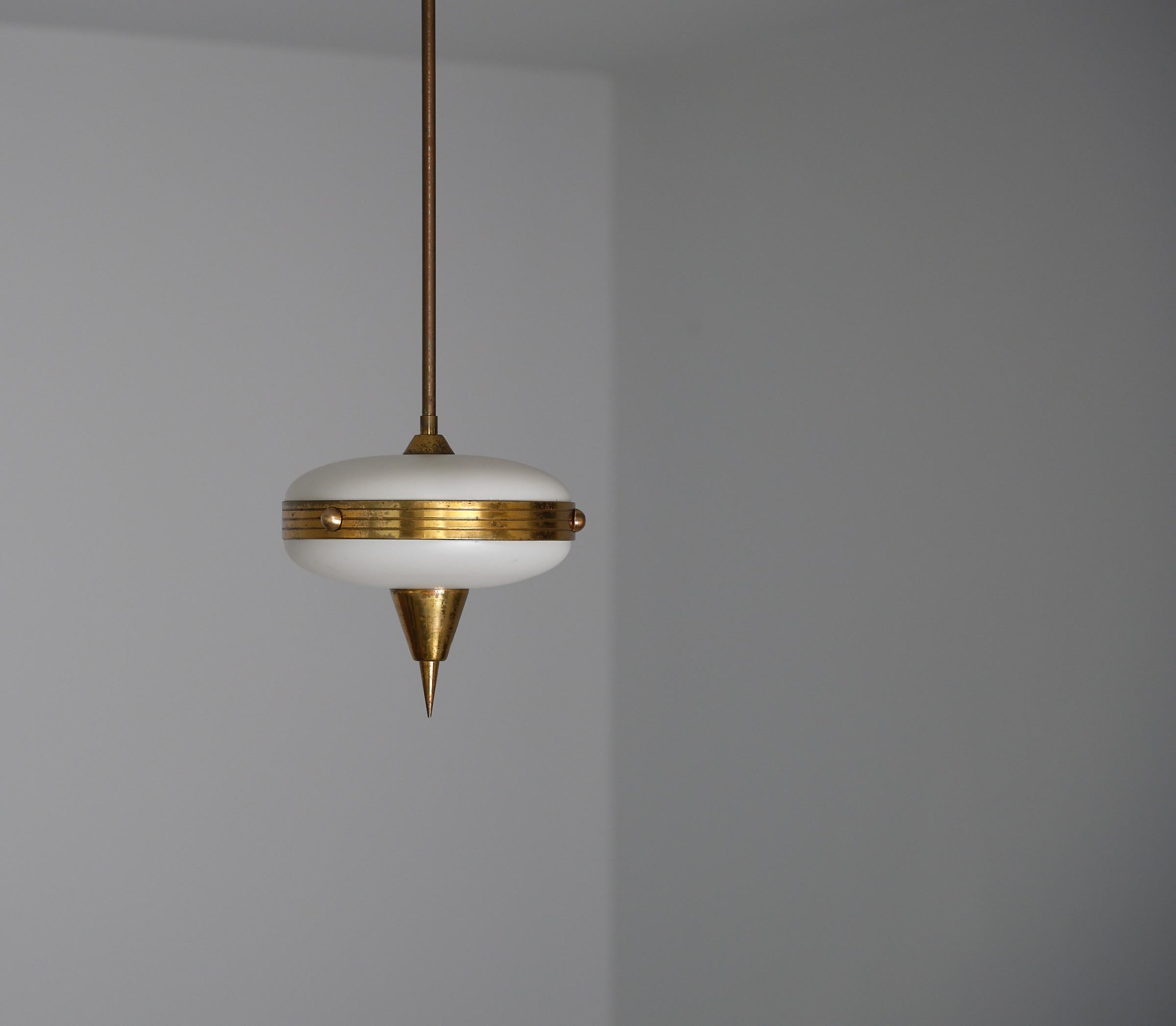 Petite Italian Brass and Opaline Pendant Lamp – 1950s Modernist For Sale 2