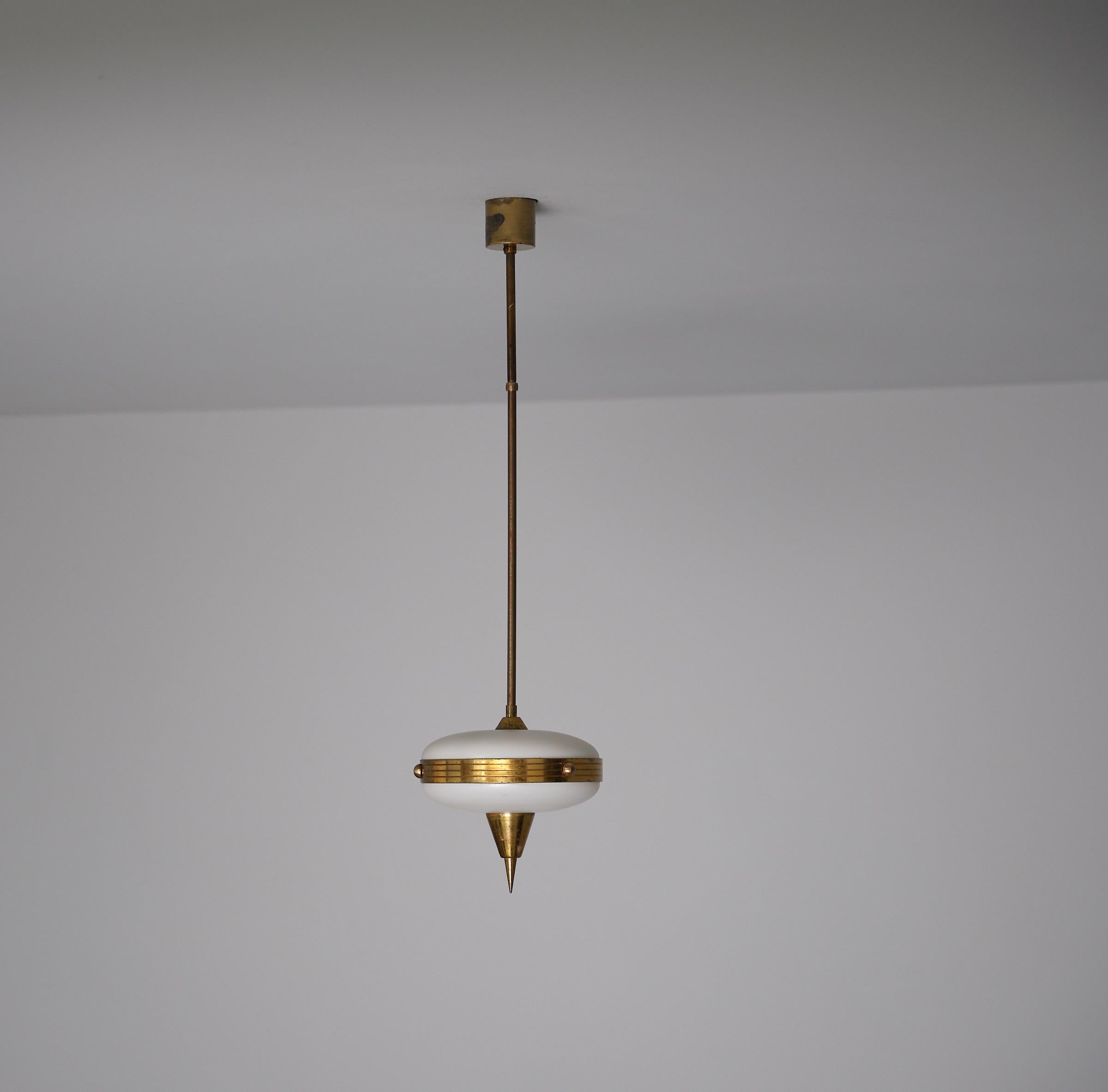 Petite Italian Brass and Opaline Pendant Lamp – 1950s Modernist For Sale 3