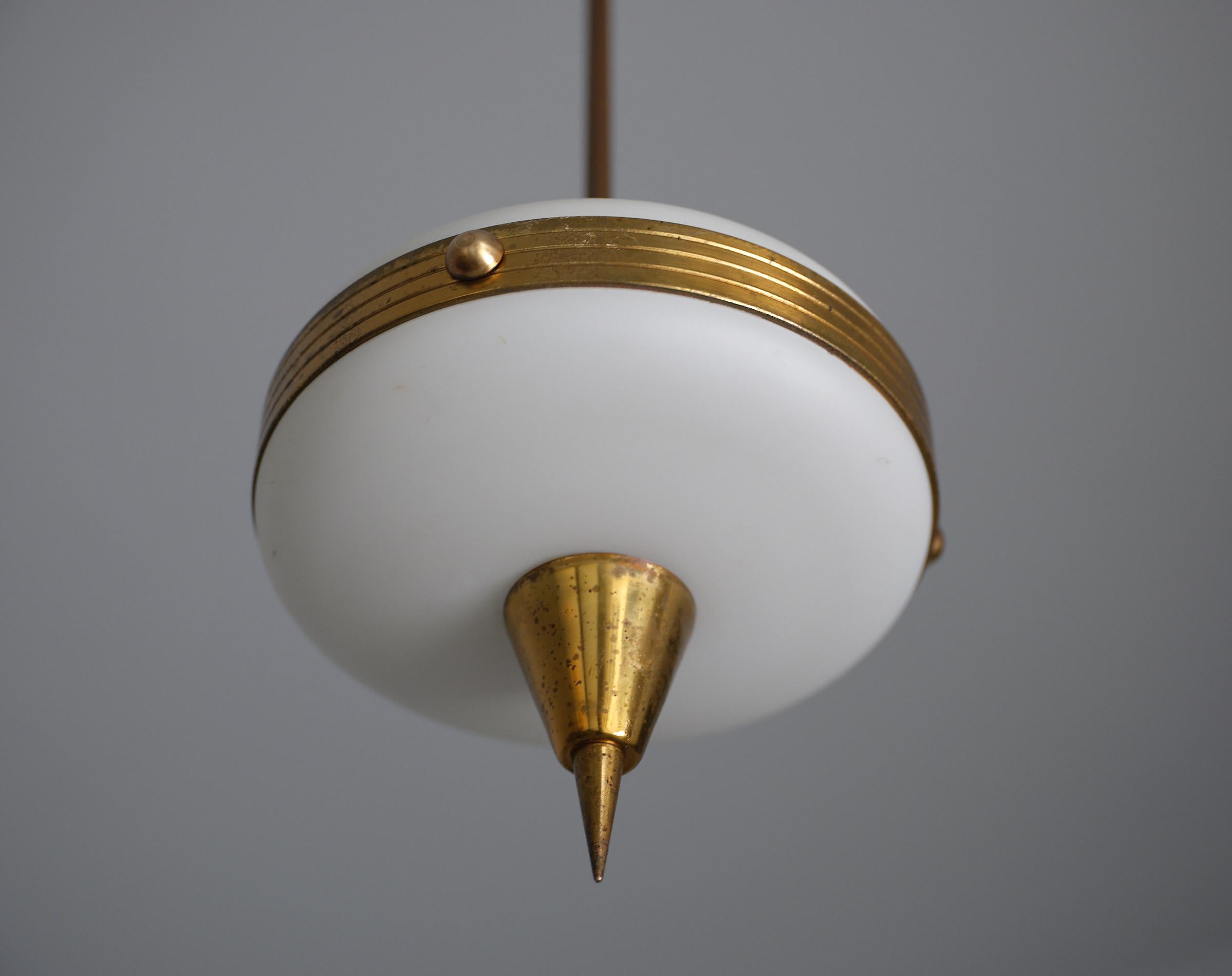 Petite Italian Brass and Opaline Pendant Lamp – 1950s Modernist For Sale 4
