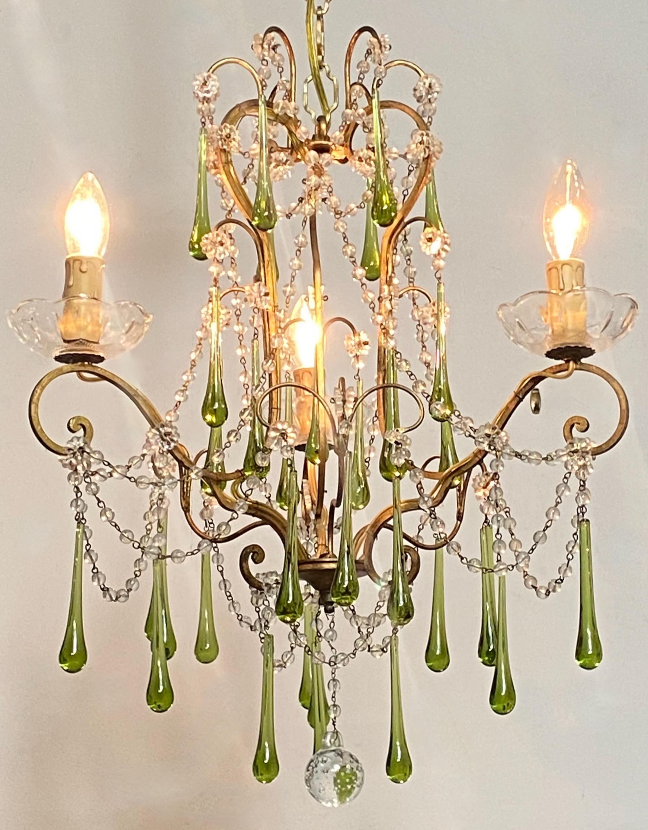 Other Petite Italian Crystal and Green Glass Chandelier, 1950's-1960's For Sale