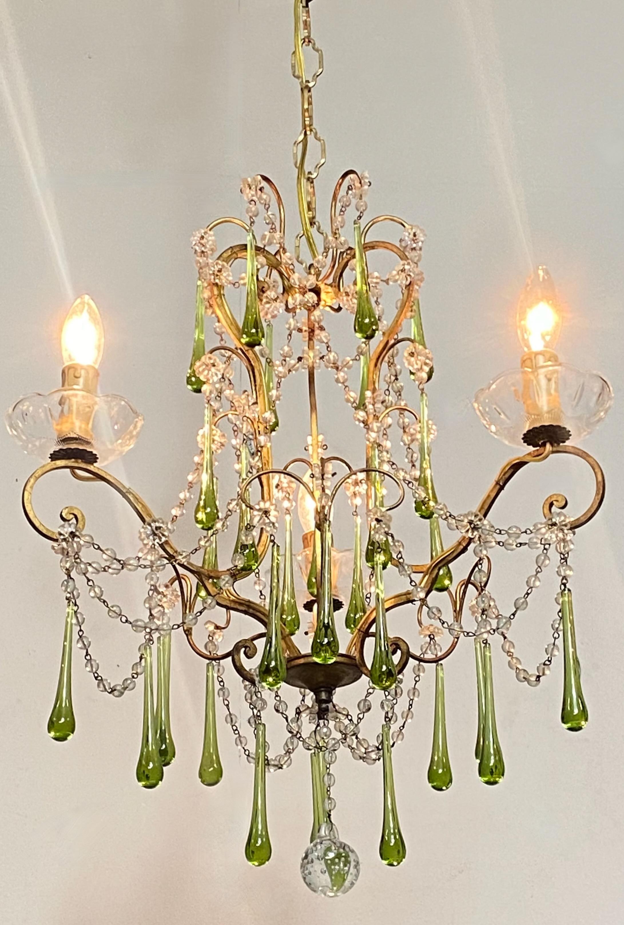 Gilt Petite Italian Crystal and Green Glass Chandelier, 1950's-1960's For Sale