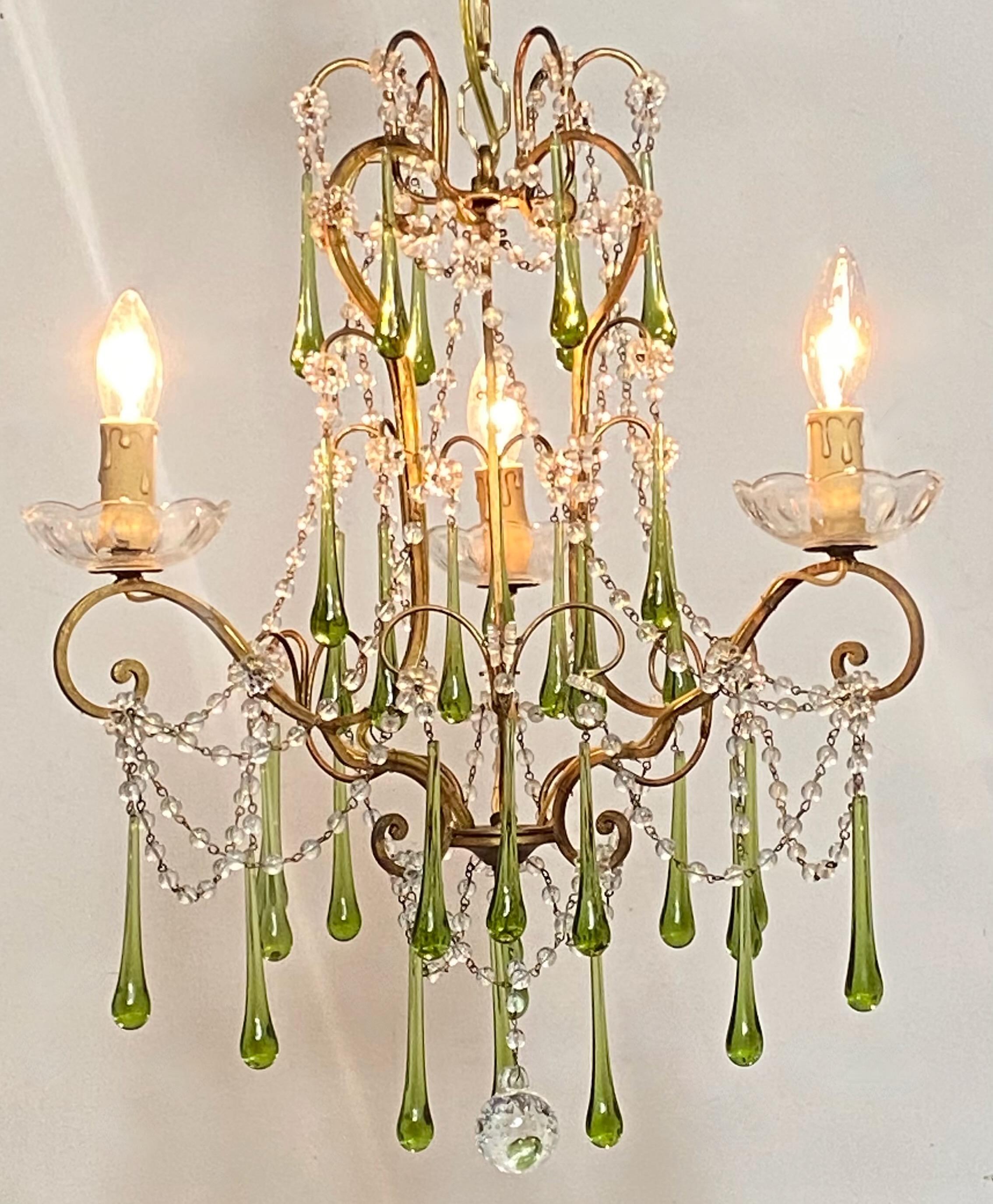 Petite Italian Crystal and Green Glass Chandelier, 1950's-1960's In Good Condition For Sale In San Francisco, CA