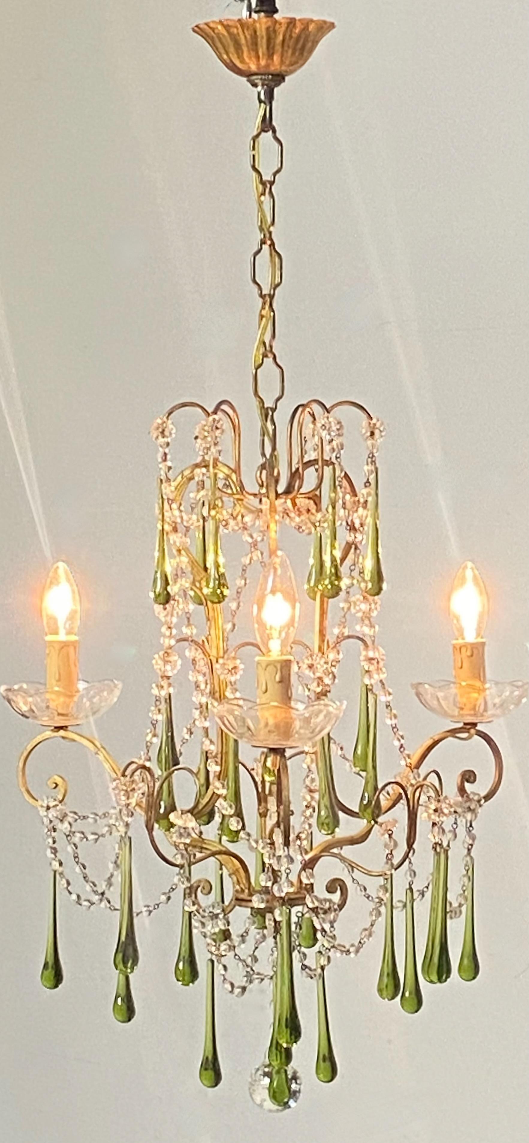 20th Century Petite Italian Crystal and Green Glass Chandelier, 1950's-1960's For Sale