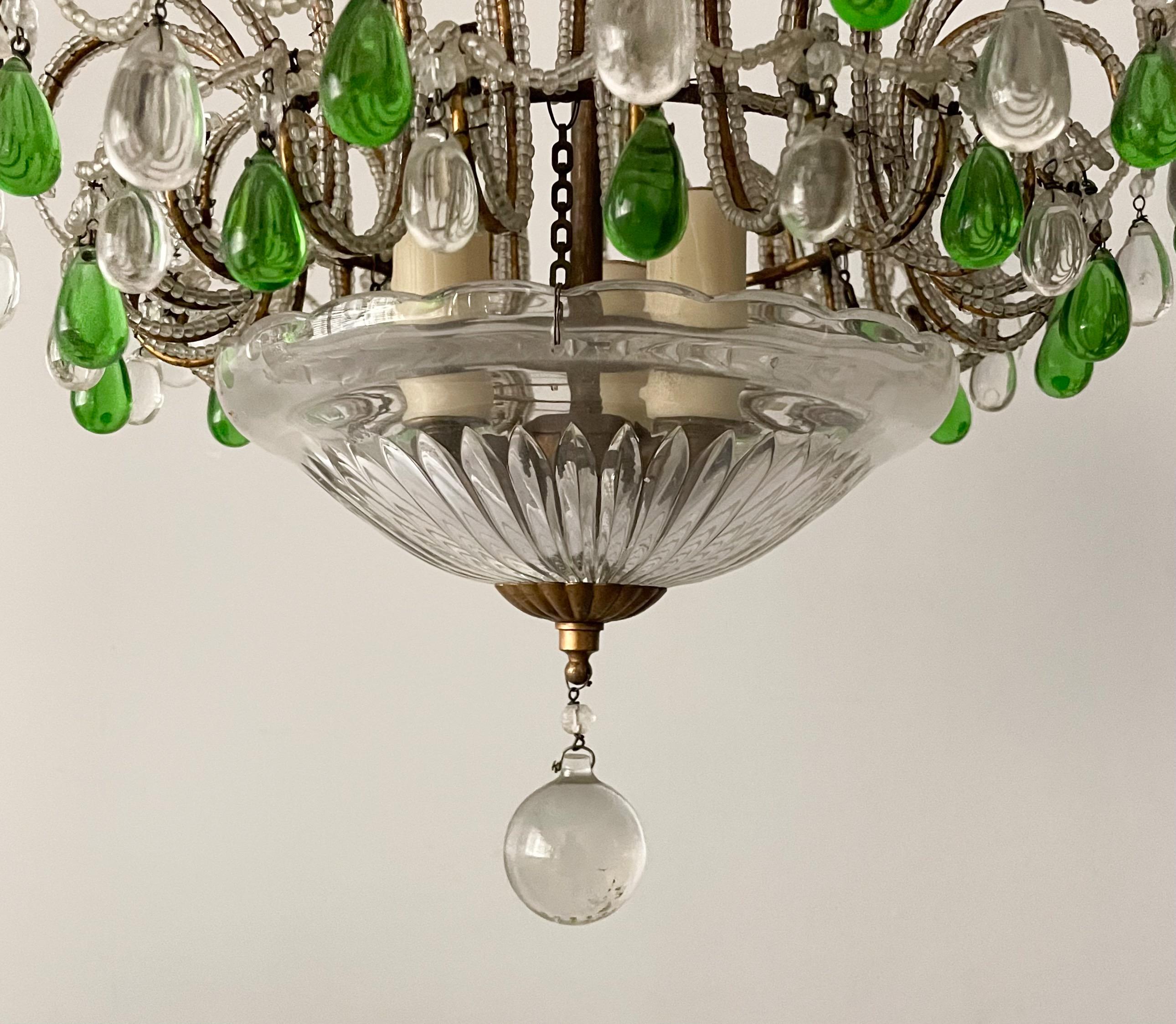 Louis XVI Petite Italian Crystal Beaded Chandelier with Green Drops For Sale