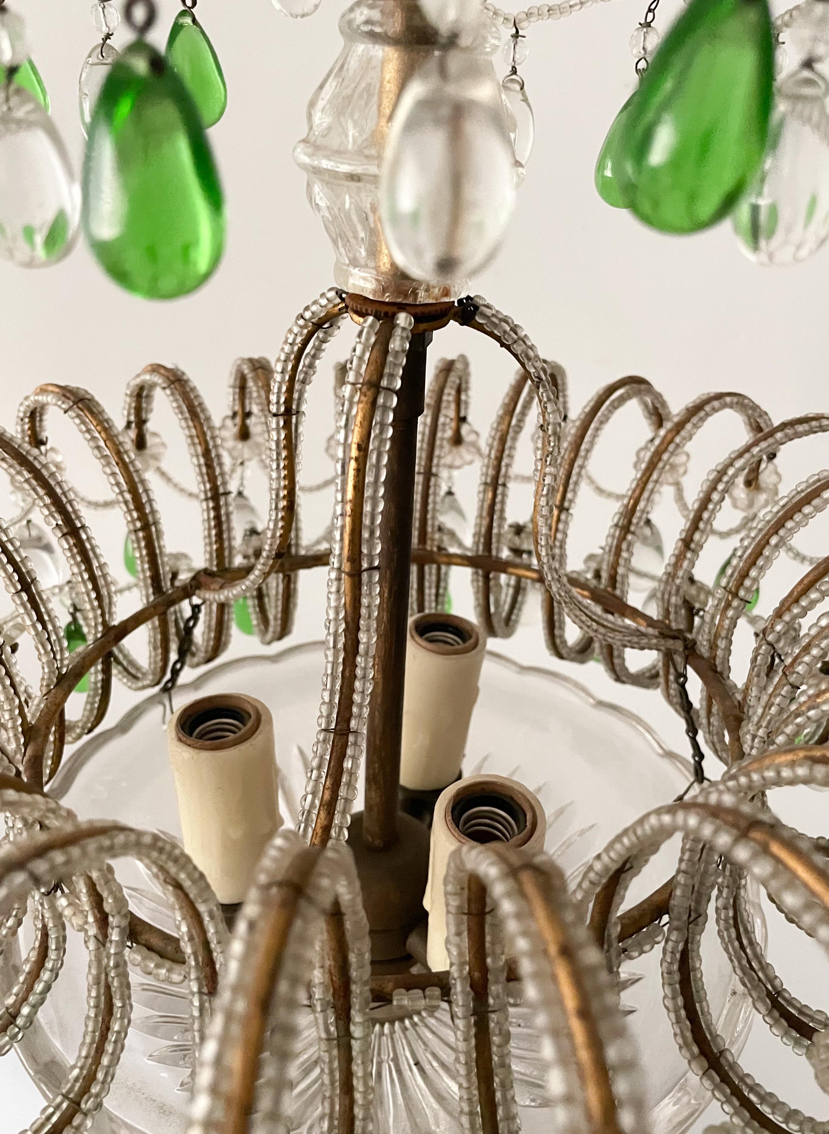 Petite Italian Crystal Beaded Chandelier with Green Drops In Good Condition For Sale In Los Angeles, CA