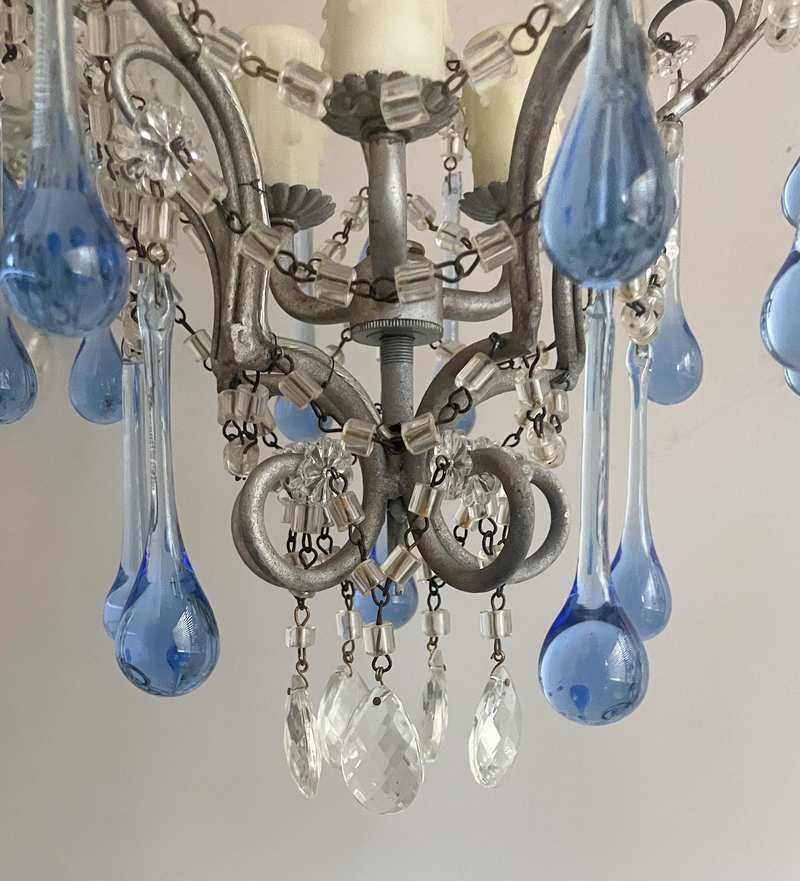 Mid-20th Century Petite Italian Crystal Beaded Chandelier With Murano Drops