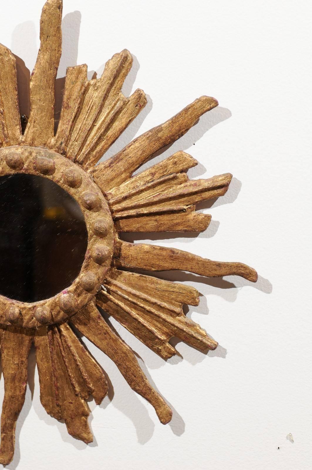 Petite Italian Giltwood Sunburst Mirror with Spheres and Wavy Rays, 1880s 1