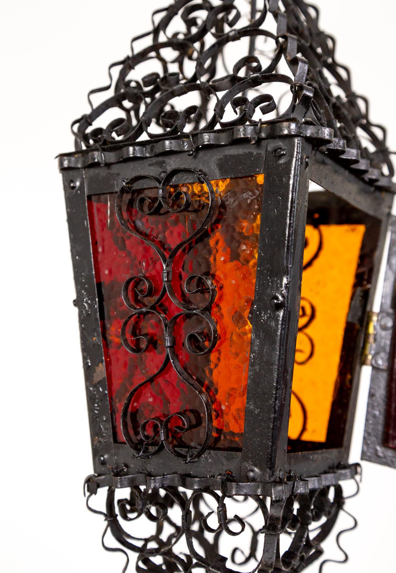 Petite Italian Gothic Filigree Lantern w/ Red Orange Glass 5