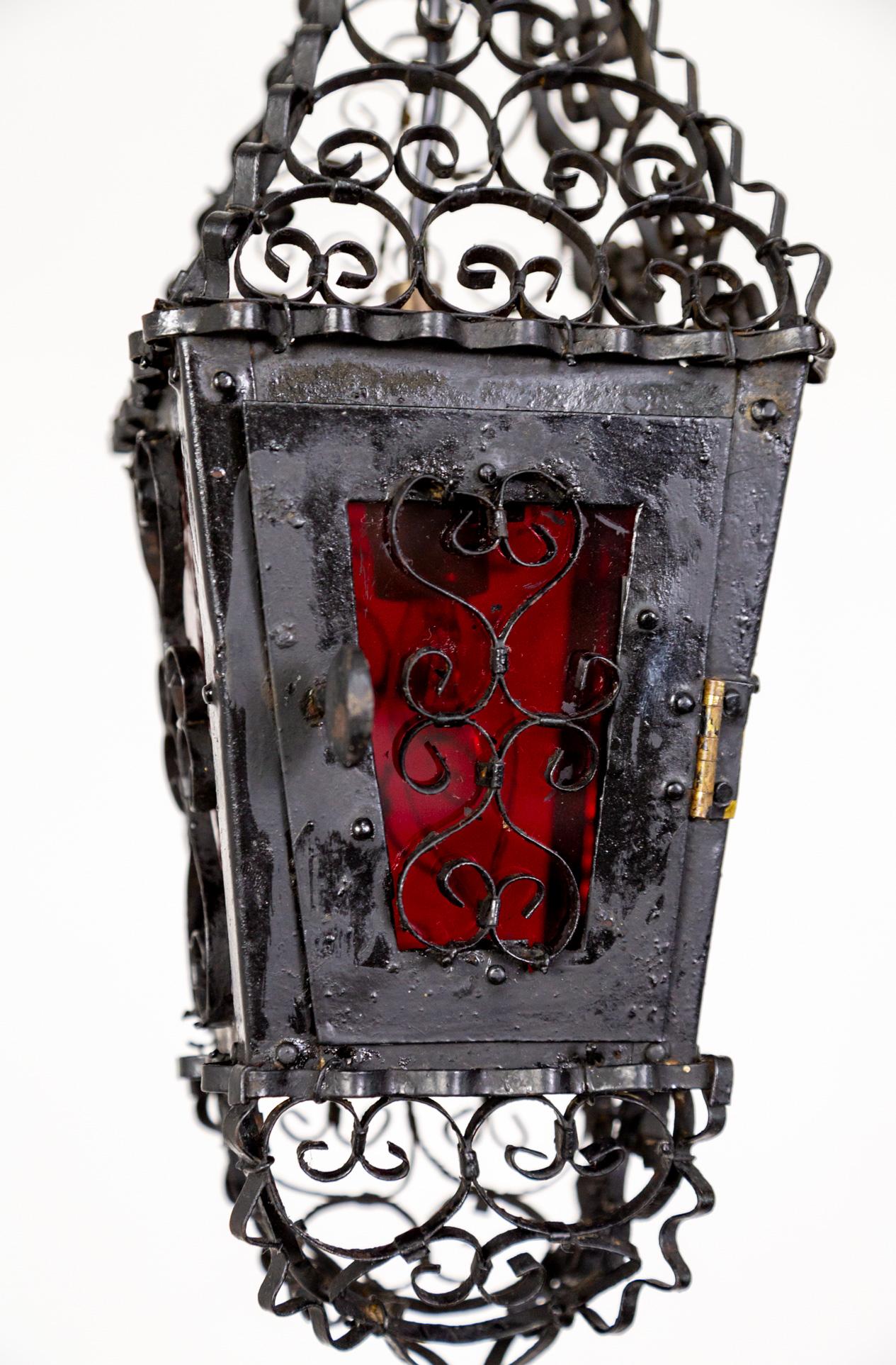 Petite Italian Gothic Filigree Lantern w/ Red Orange Glass 6