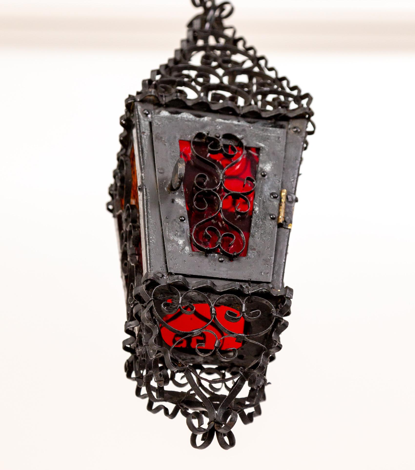 Petite Italian Gothic Filigree Lantern w/ Red Orange Glass 7