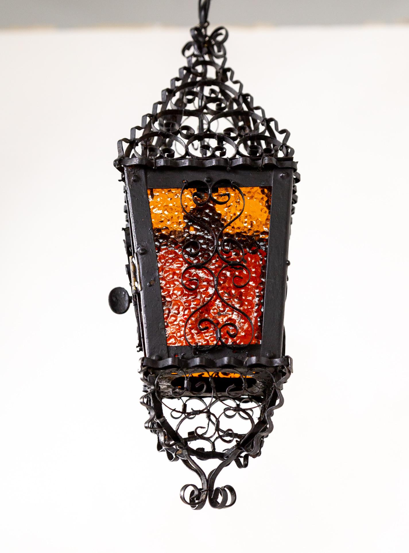 Petite Italian Gothic Filigree Lantern w/ Red Orange Glass 8