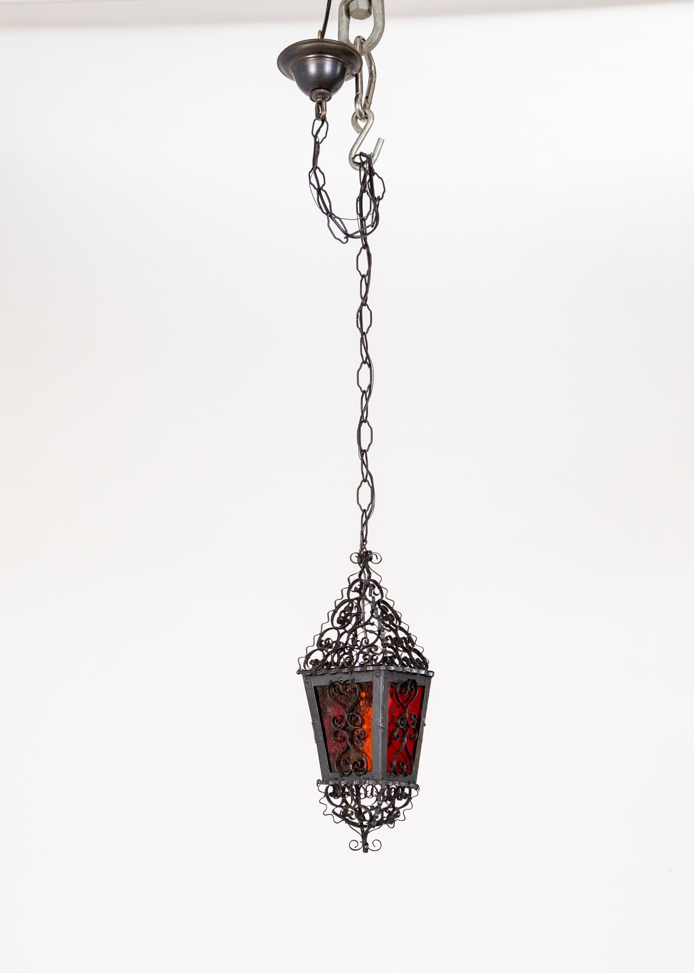 Petite Italian Gothic Filigree Lantern w/ Red Orange Glass In Good Condition In San Francisco, CA