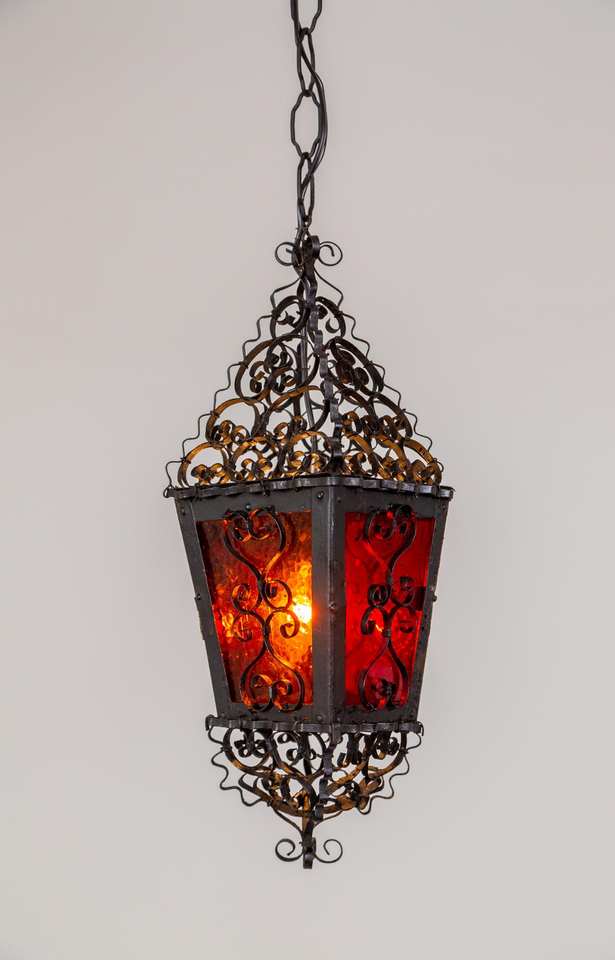 Mid-20th Century Petite Italian Gothic Filigree Lantern w/ Red Orange Glass