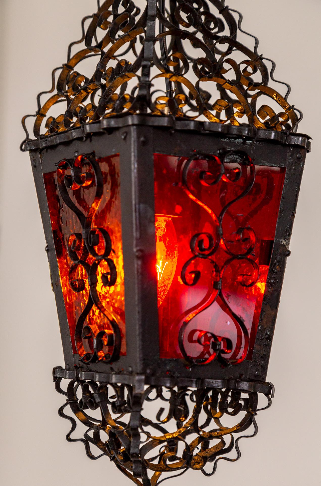 Brass Petite Italian Gothic Filigree Lantern w/ Red Orange Glass