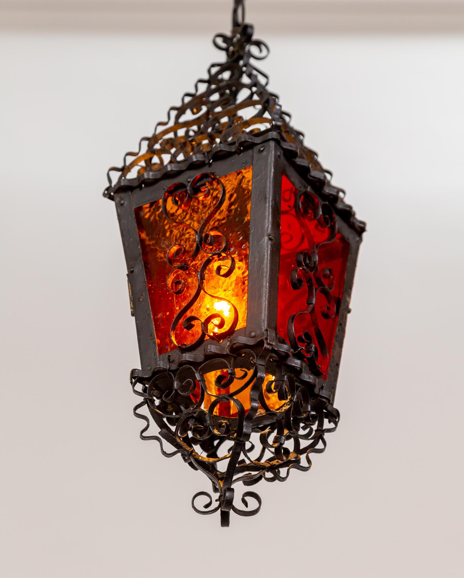 Petite Italian Gothic Filigree Lantern w/ Red Orange Glass 1