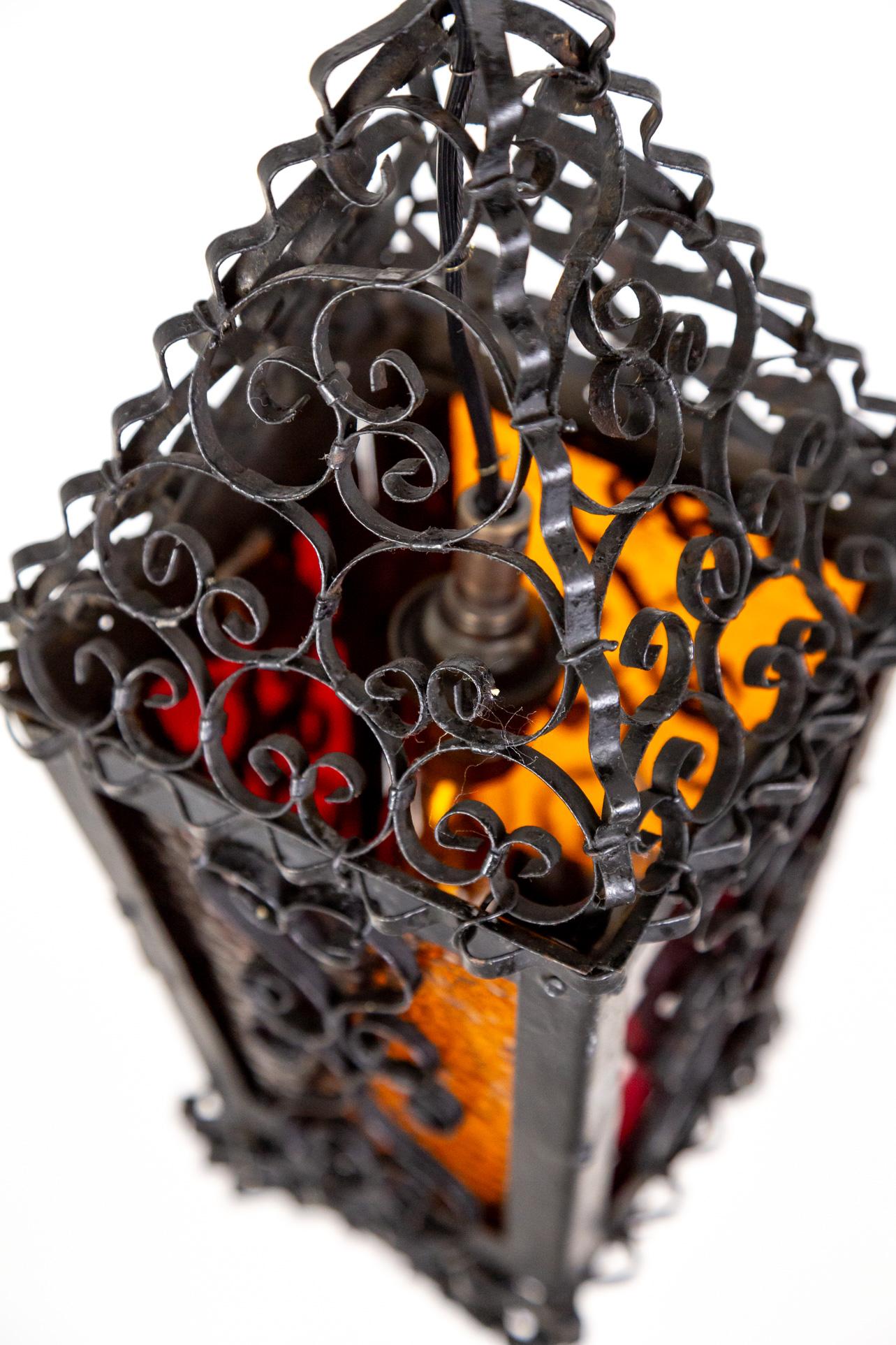 Petite Italian Gothic Filigree Lantern w/ Red Orange Glass 2