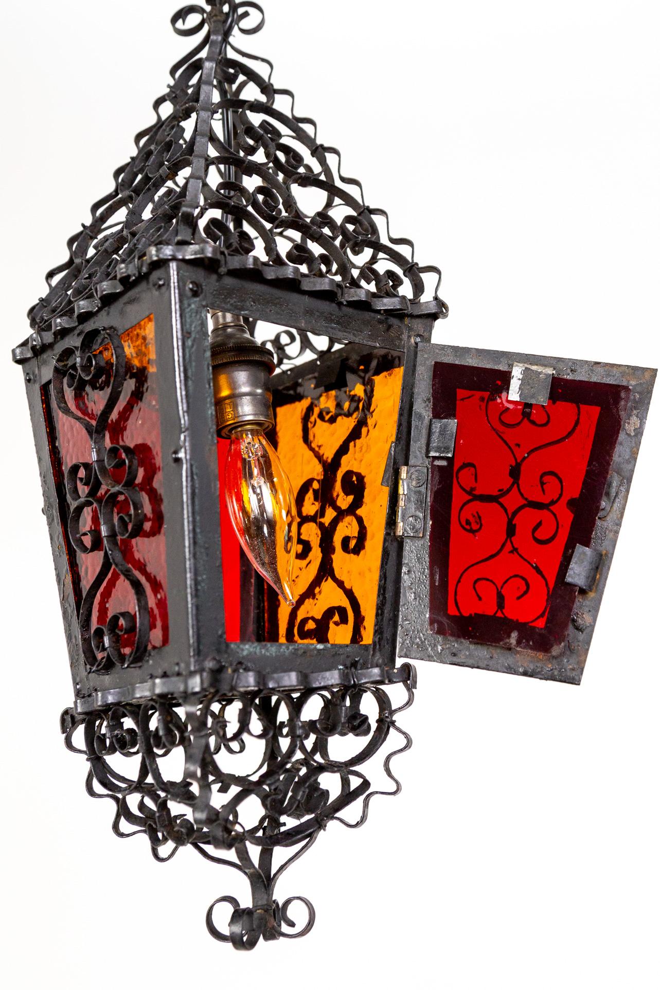 Petite Italian Gothic Filigree Lantern w/ Red Orange Glass 4