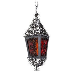 Petite Italian Gothic Filigree Lantern w/ Red Orange Glass