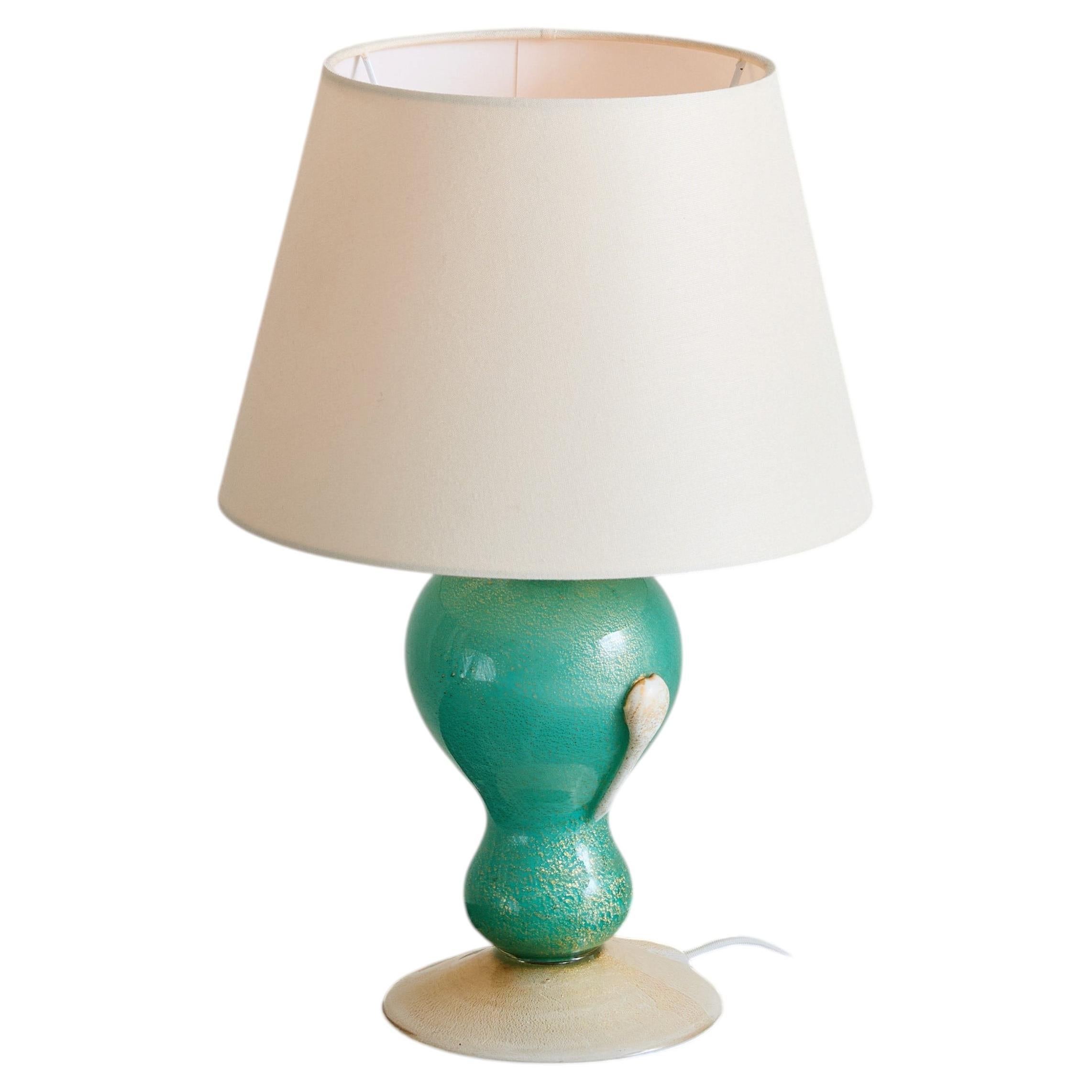 Petite Italian Green Murano Glass Table Lamp with Shade, 1950s For Sale