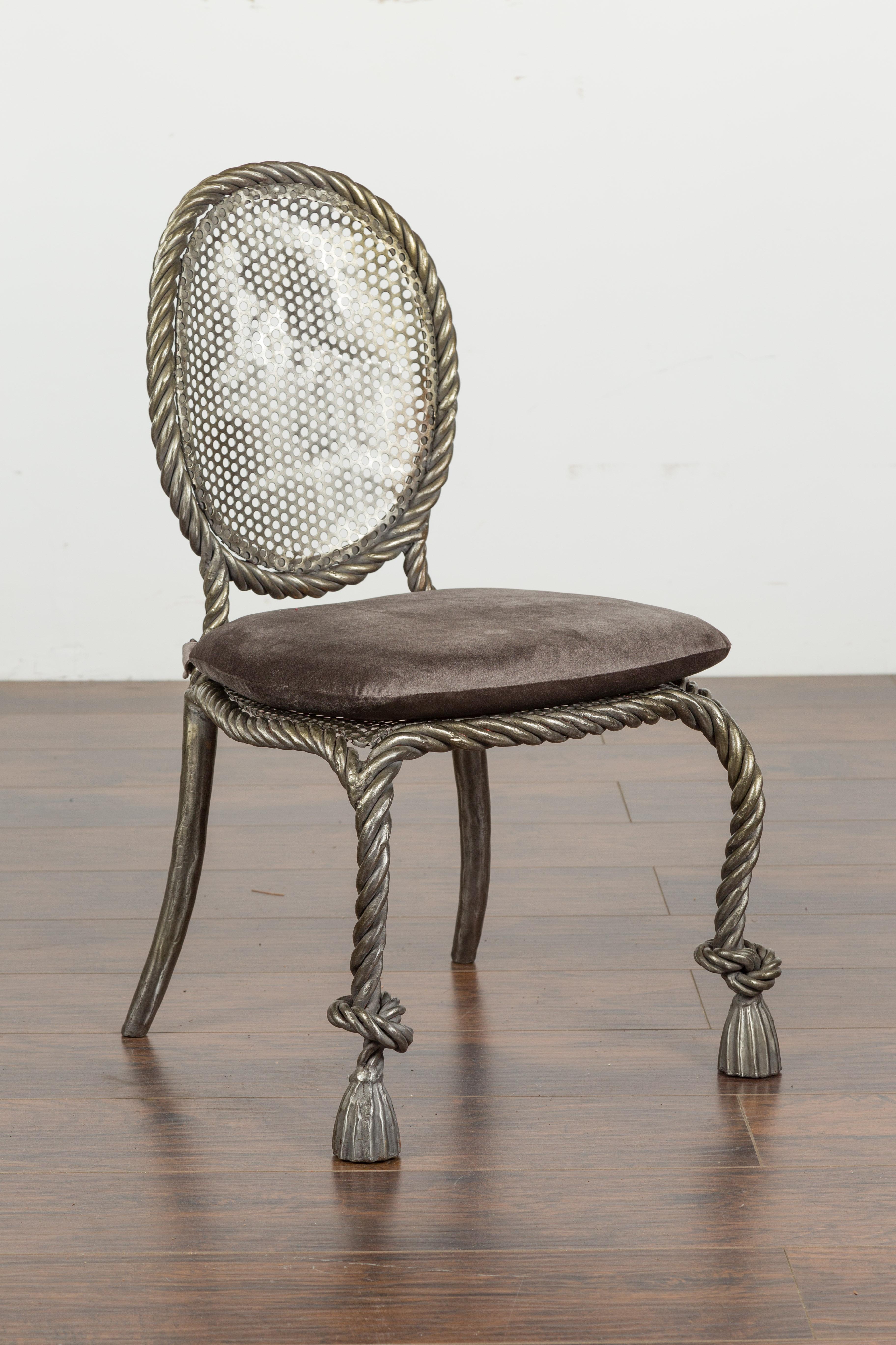 Italienischer Sessel ohne Armlehne aus poliertem Stahl und Seil mit Samtkissen aus der Mitte des Jahrhunderts im Angebot 4