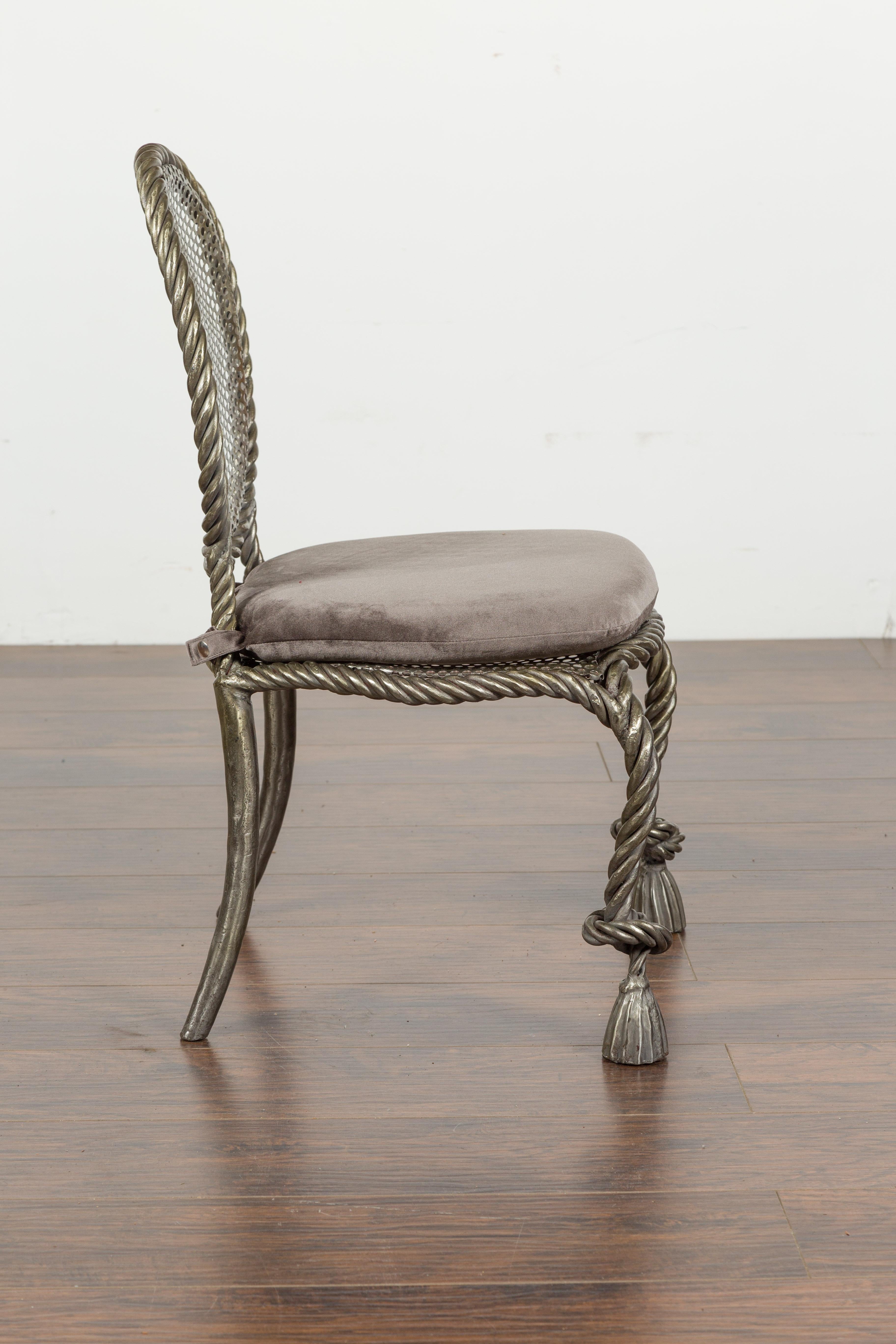Italienischer Sessel ohne Armlehne aus poliertem Stahl und Seil mit Samtkissen aus der Mitte des Jahrhunderts im Angebot 5