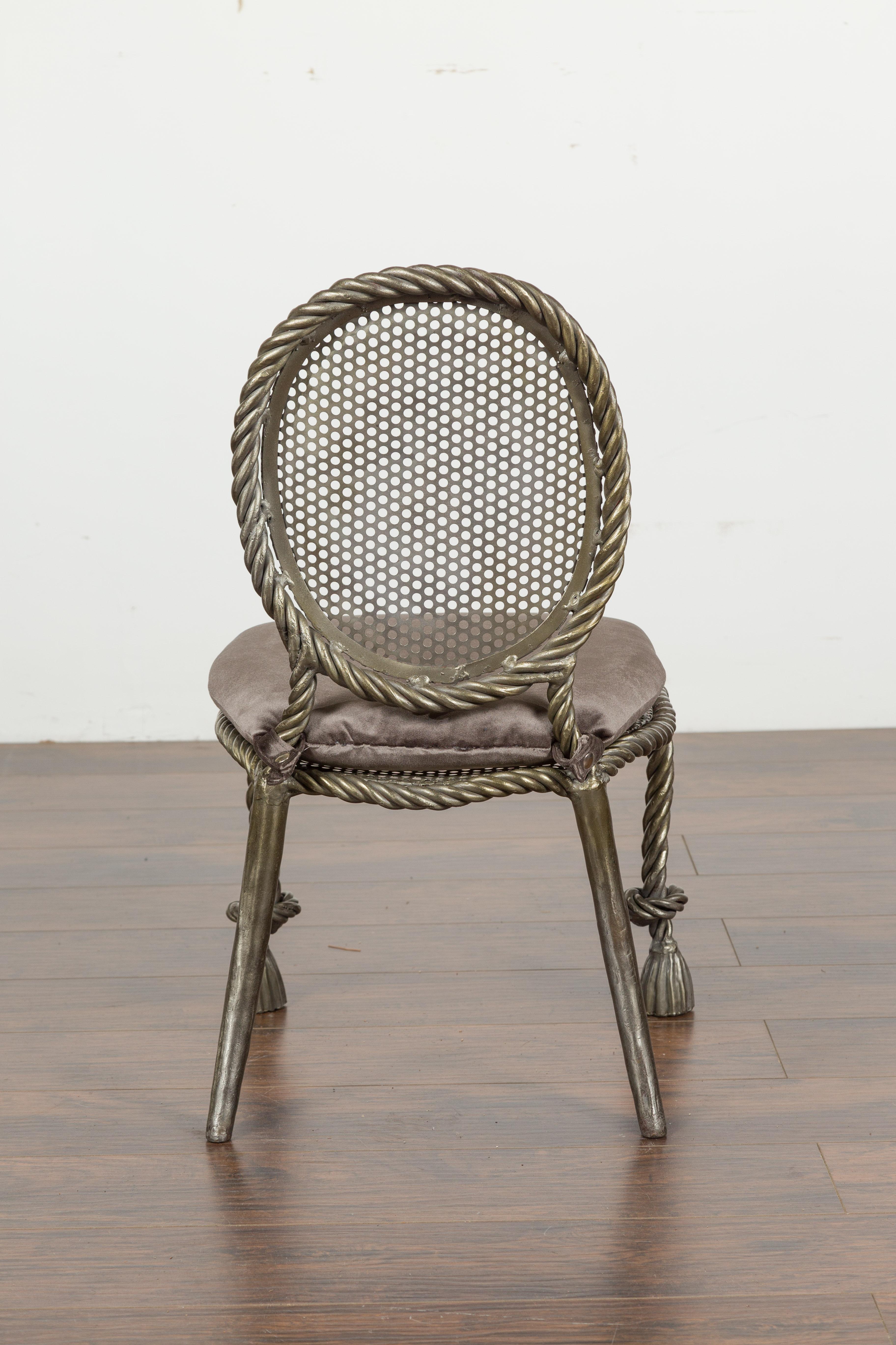 Italienischer Sessel ohne Armlehne aus poliertem Stahl und Seil mit Samtkissen aus der Mitte des Jahrhunderts im Angebot 6
