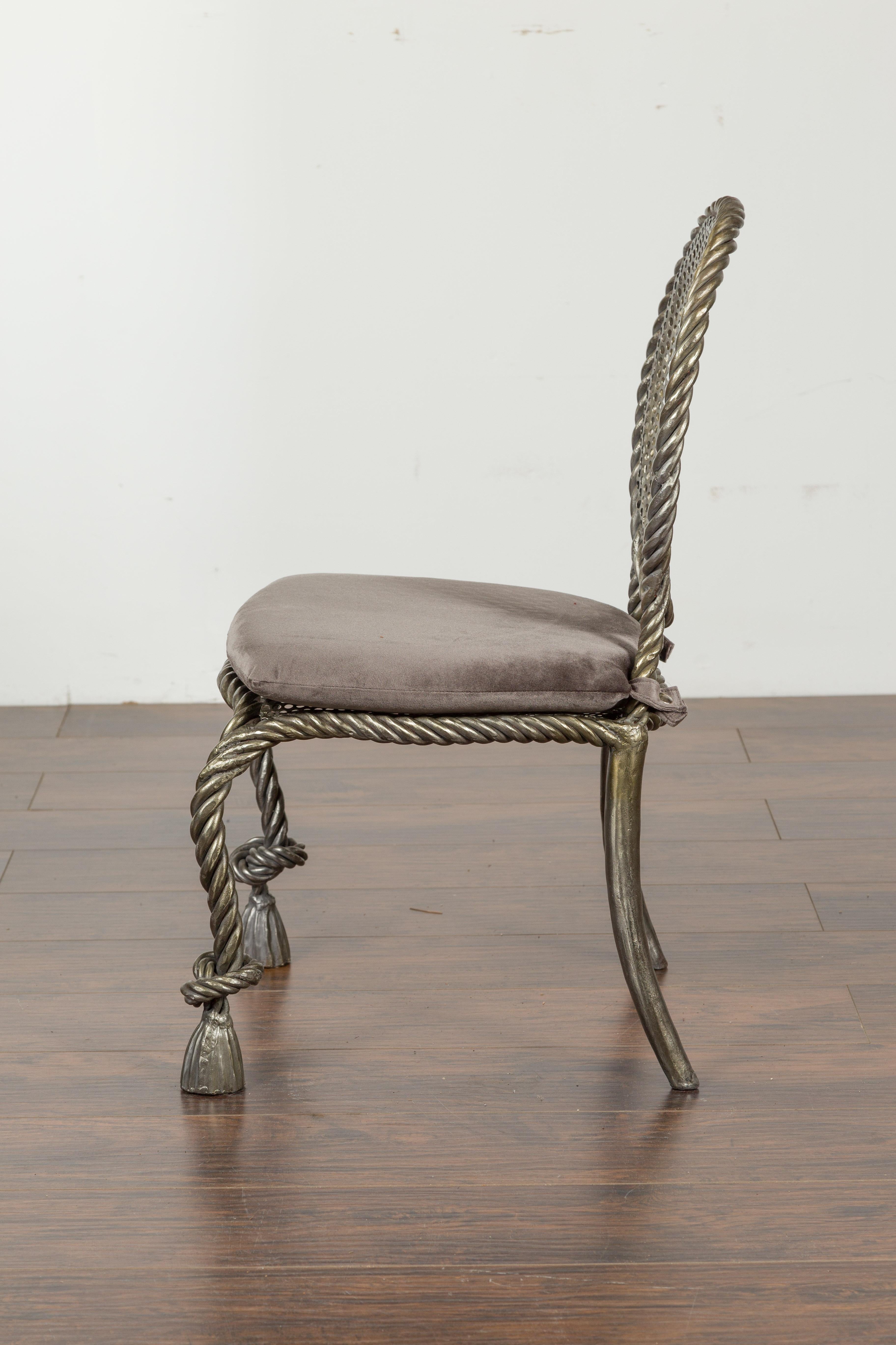 Italienischer Sessel ohne Armlehne aus poliertem Stahl und Seil mit Samtkissen aus der Mitte des Jahrhunderts im Angebot 7