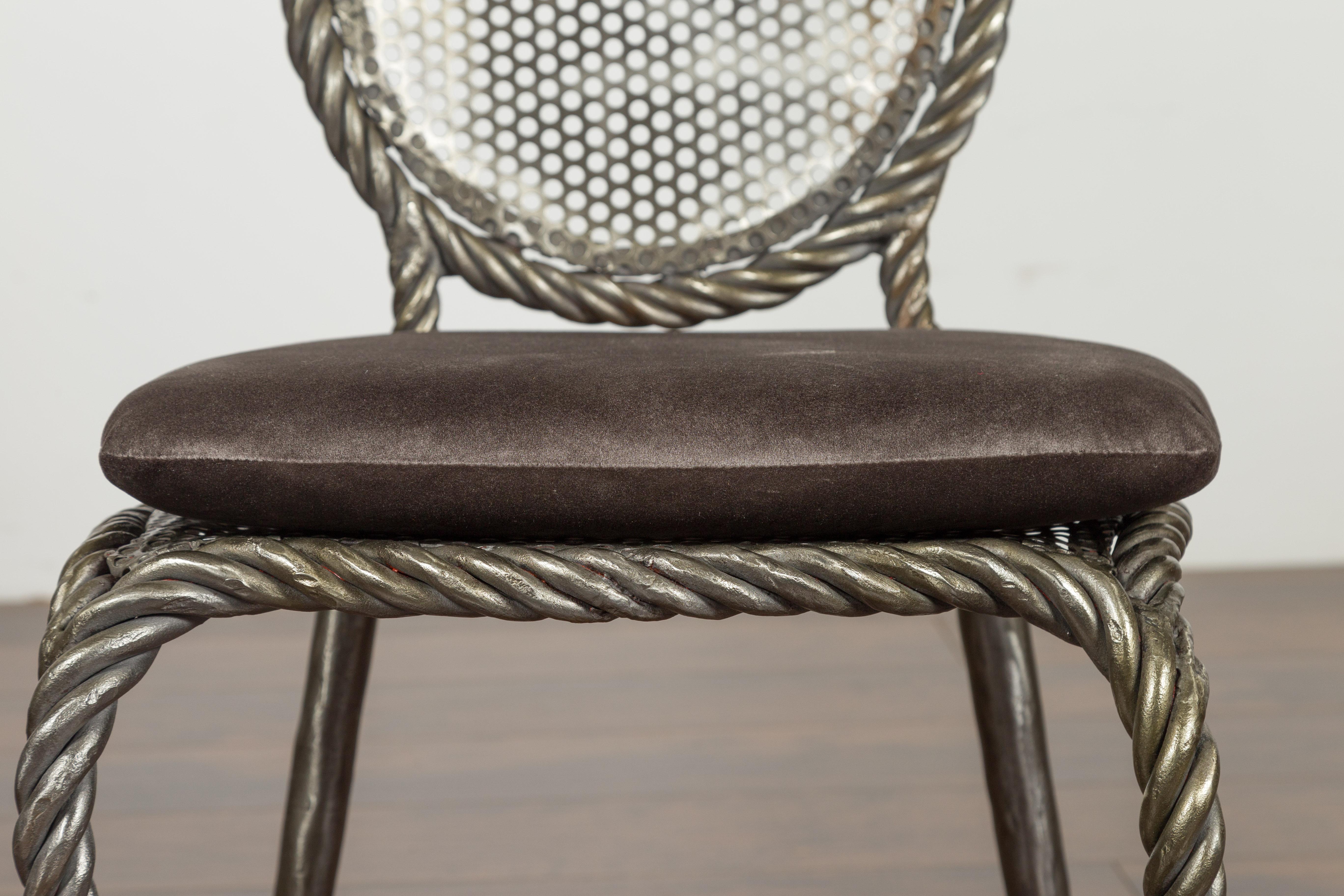 Italienischer Sessel ohne Armlehne aus poliertem Stahl und Seil mit Samtkissen aus der Mitte des Jahrhunderts im Angebot 1
