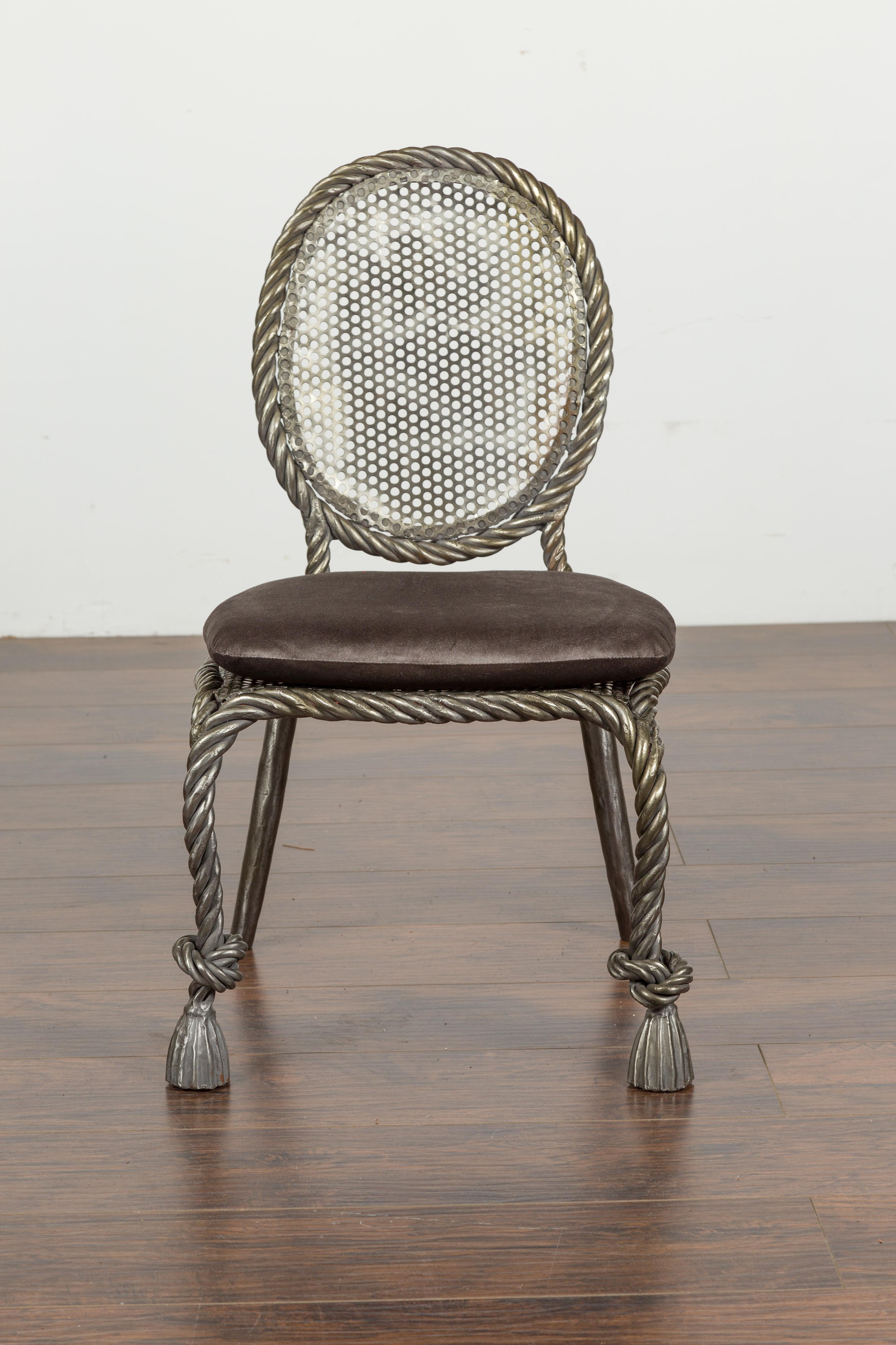 Italienischer Sessel ohne Armlehne aus poliertem Stahl und Seil mit Samtkissen aus der Mitte des Jahrhunderts im Angebot 3